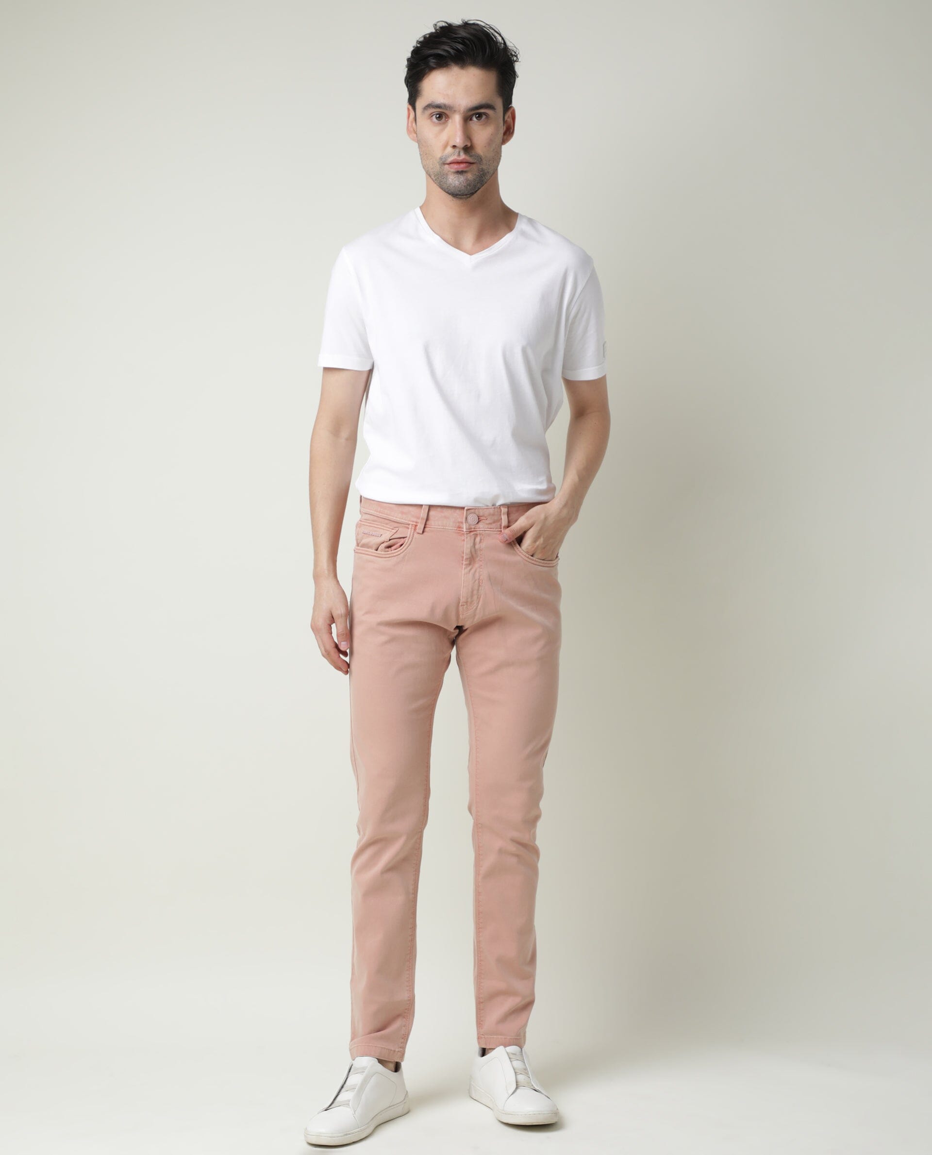Rare Rabbit Men's Fiv5 Pink Cotton Plain Slim Fit Trouser