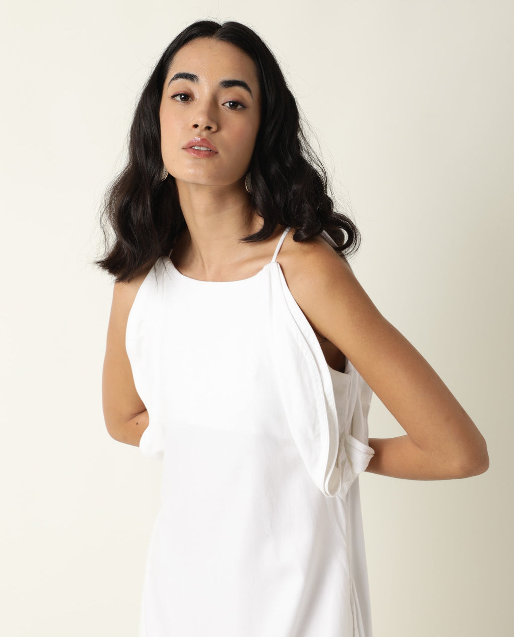 Rareism Women's Acron White Tencel Shoulder Strap Plain Sleeveless Maxi Regular Fit Dress