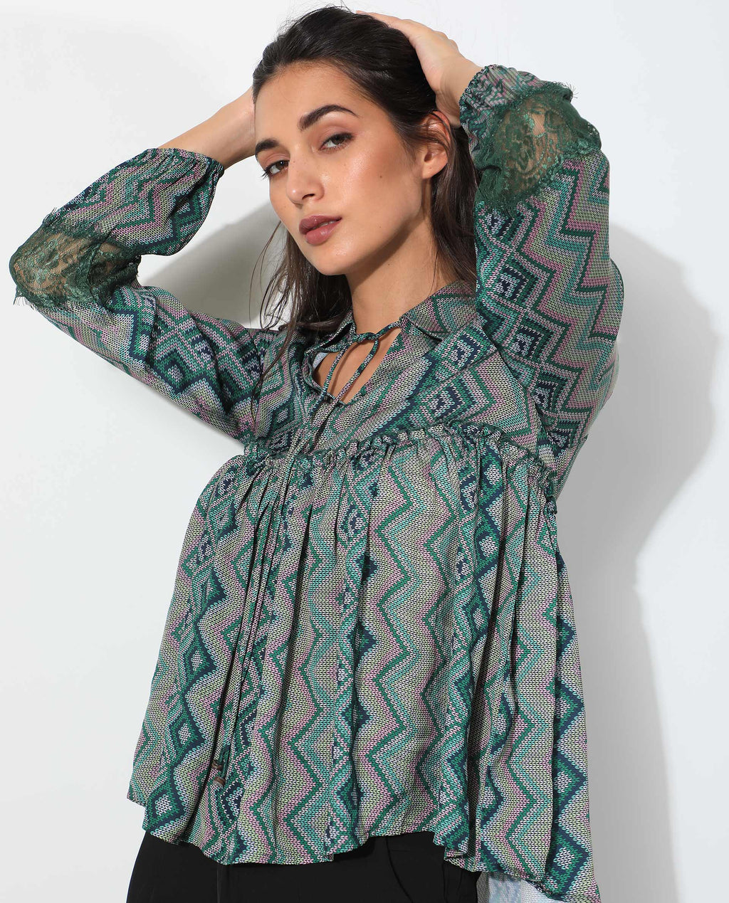 Rareism Women's Cataline Olive Polyester Tie-Up Neck Geometric Print Regular Fit Top