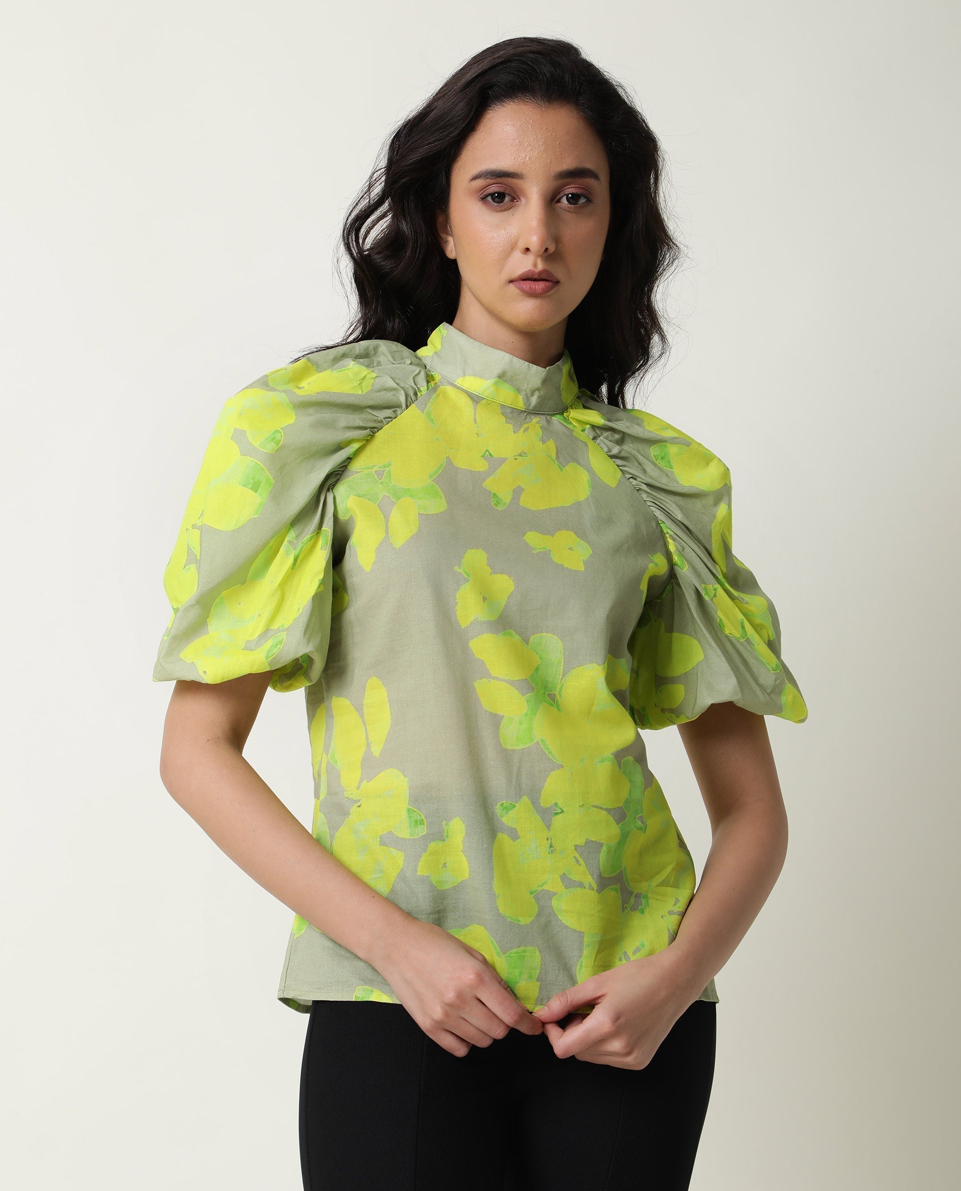 Rareism Women's Lagger Green Cotton High Neck Abstract Print Regular Fit Top