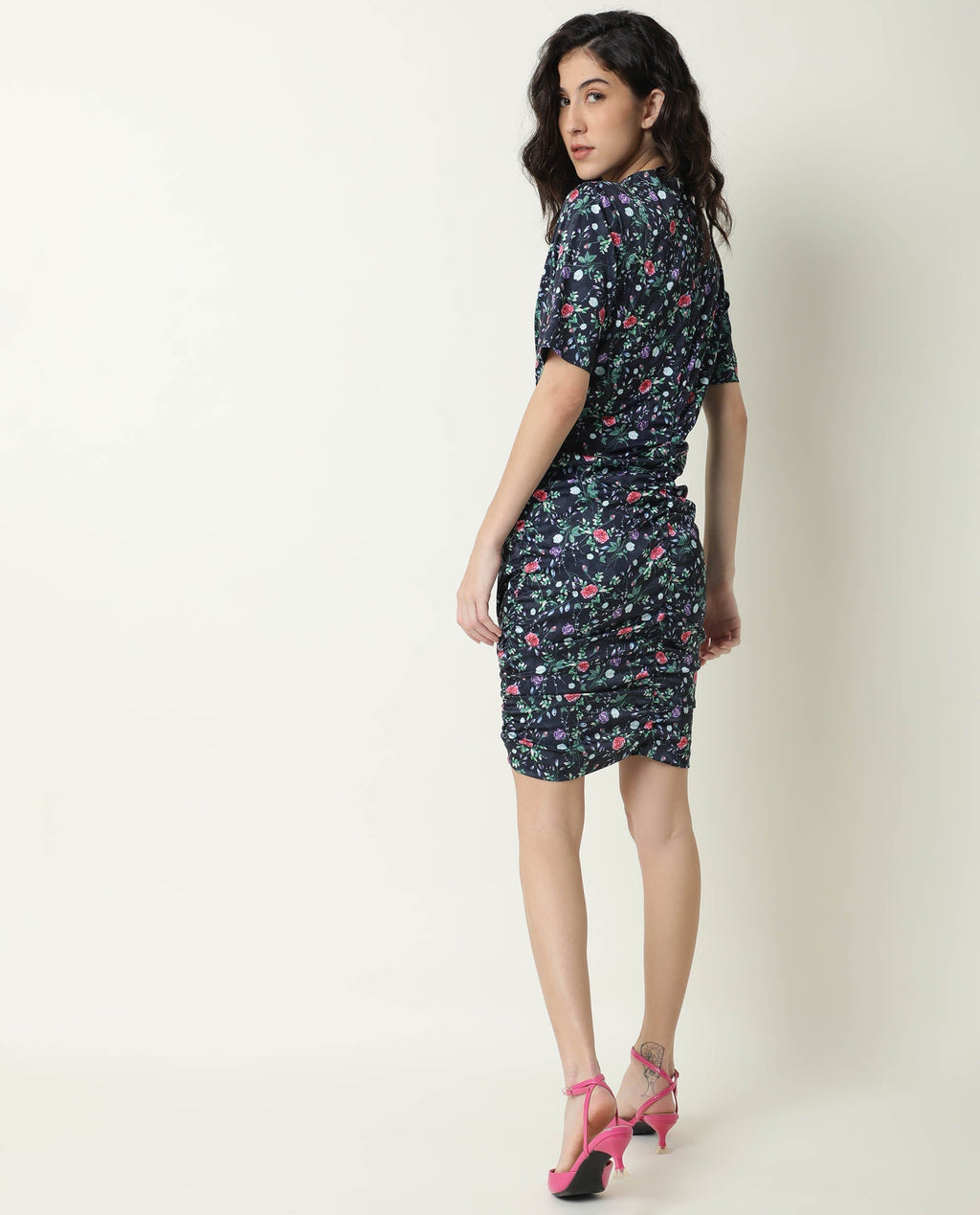 Rareism Women's John Navy Modal High Neck Floral Print Knee Length Regular Fit Dress