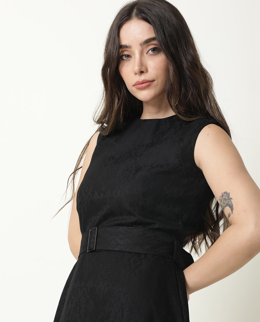 Rareism Women's Lacau Black Polyester Crew Neck Plain Sleeveless Midi Flared Dress