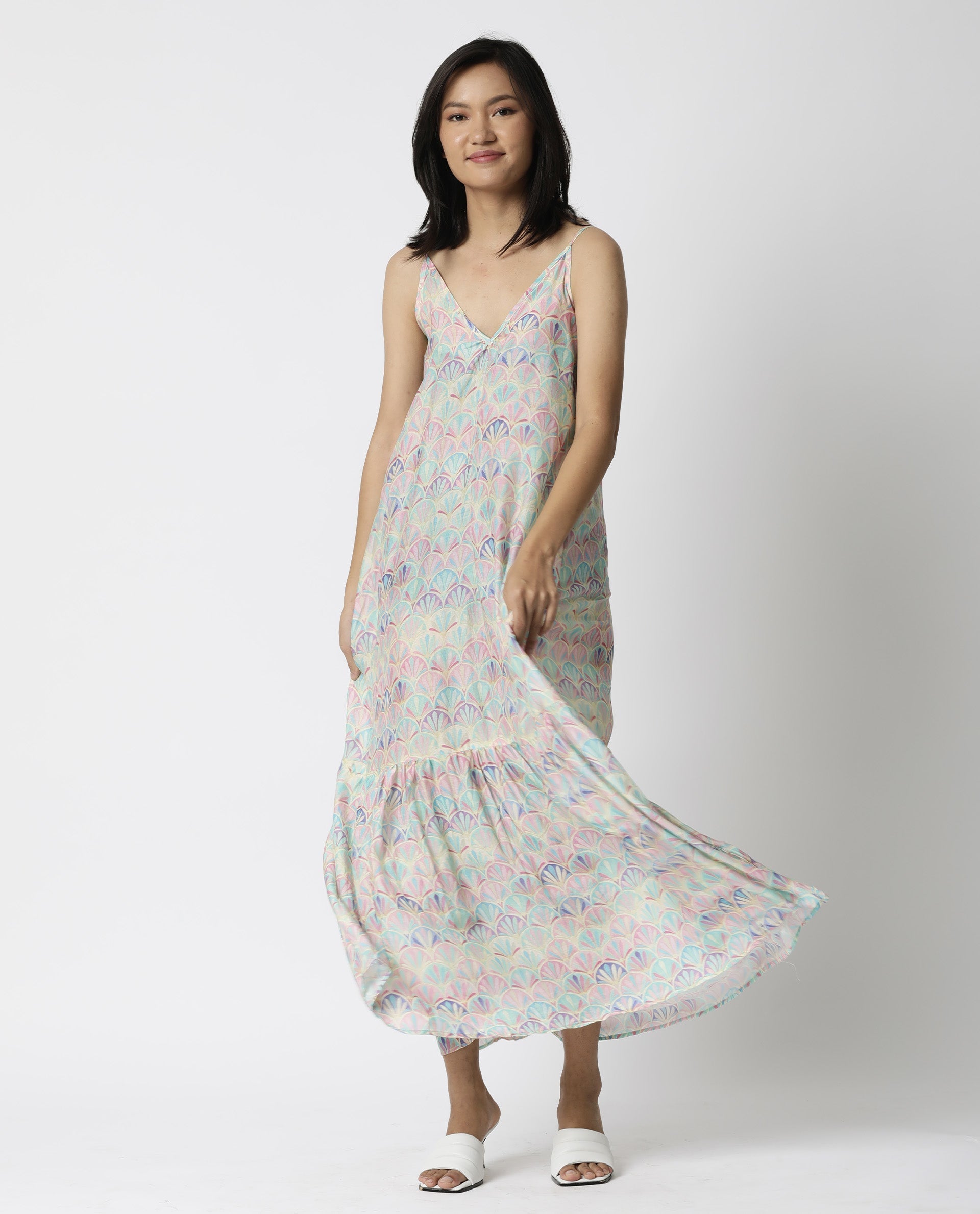 Rareism Women's Prima Pink Collarless Geometric Print Sleeveless Knee Length Regular Fit Dress