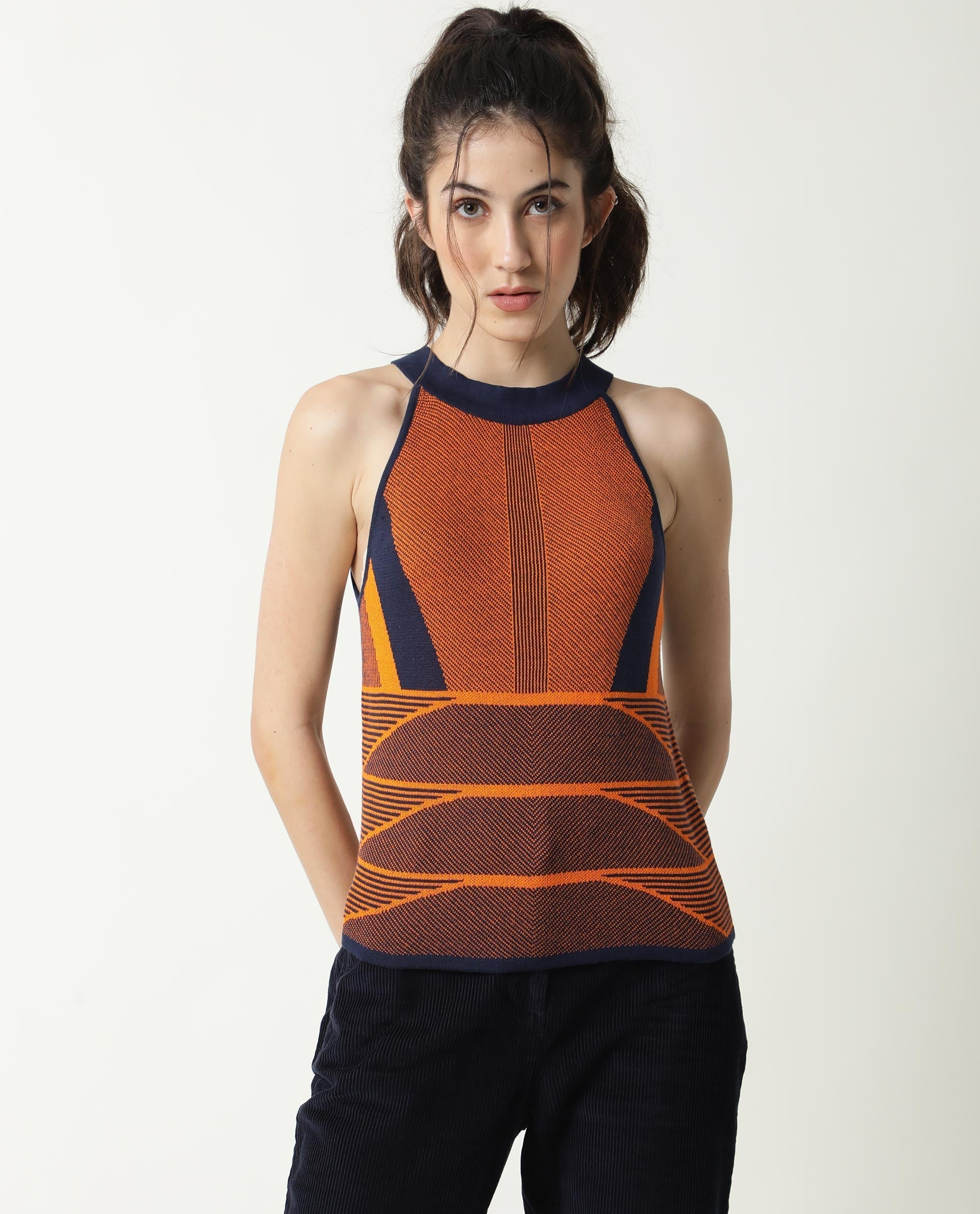 Rareism Women's Lila Orange Cotton Halter Neck Textured Sleeveless Regular Fit Sweater