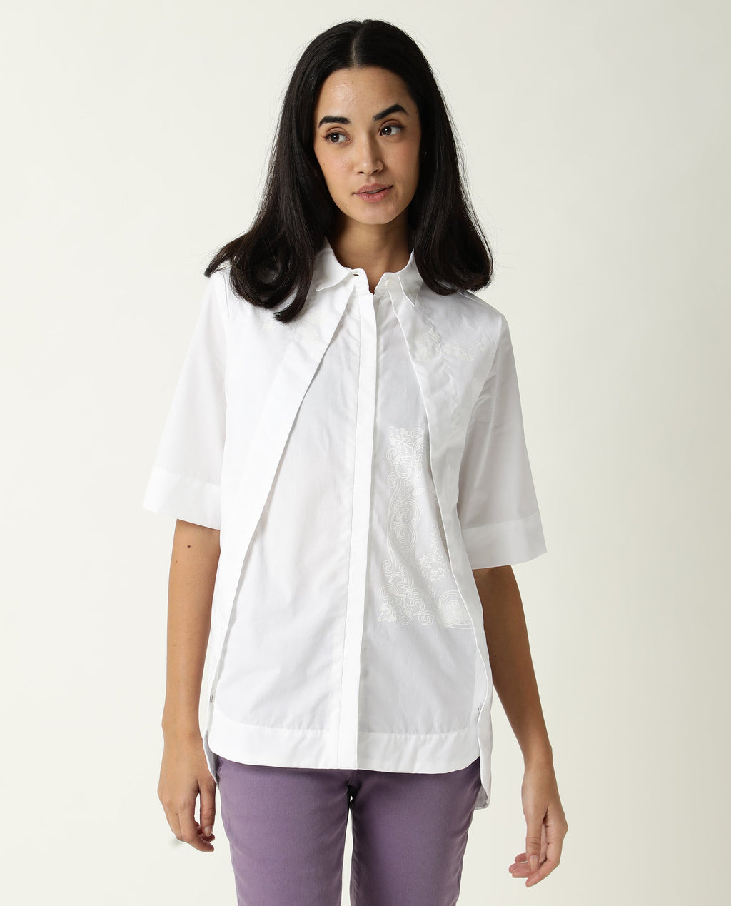 Rareism Women's Flick White Cotton Spread Collar Plain Regular Fit Top