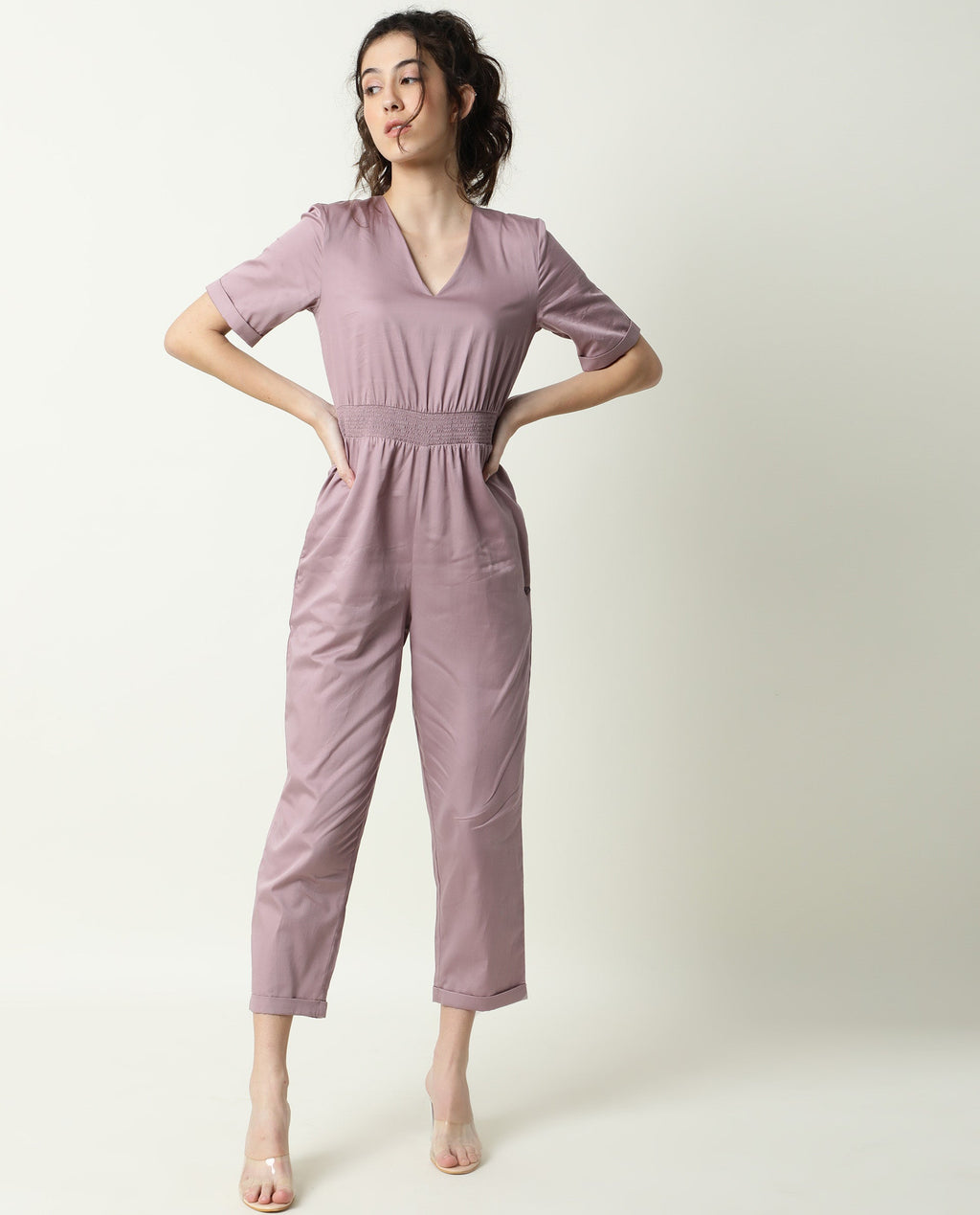 Rareism Women's Husky Pink Cotton Blend V-Neck Plain Ankle Length Regular Fit Jumpsuit