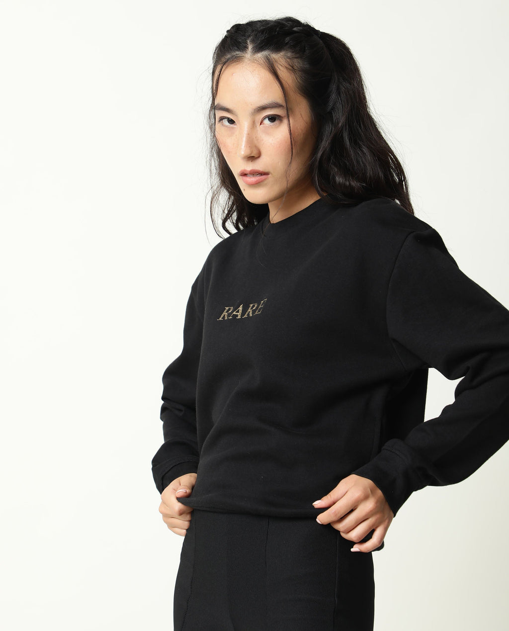 Rareism Womens Goldy Black Sweatshirt Crew Neck Full Sleeve Cotton Blend Fabric Relaxed Fit