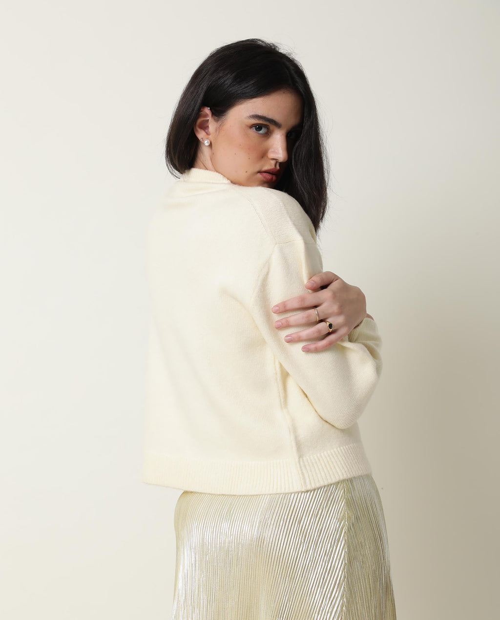 Rareism Women's Tulsy Offwhite Acrylic Crew Neck Embellished Knee Length Regular Fit Sweater