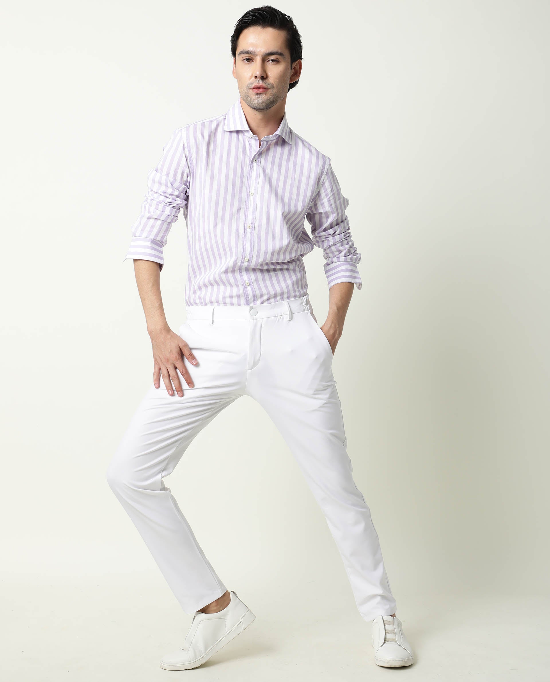 Rare Rabbit Men's Travel-1 White Solid Mid-Rise 4-Way Stretch Slim Fit Trouser