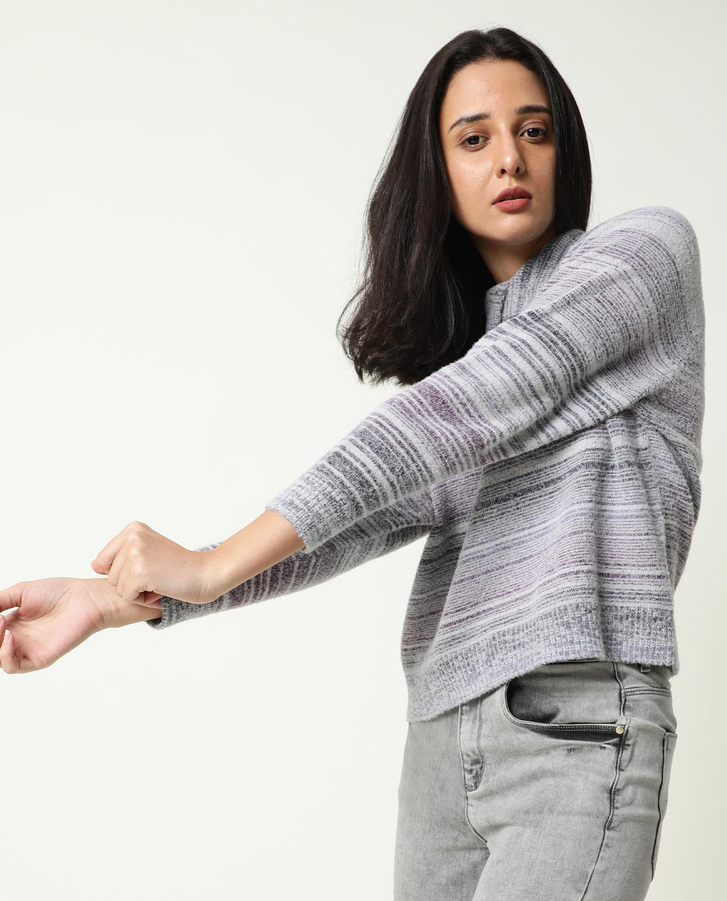 Rareism Women's Rosalva Grey Nylon High Neck Ombre Knee Length Regular Fit Sweater