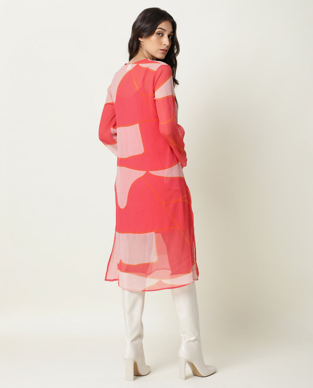 Rareism Women's Benett Pink V-Neck Abstract Print Knee Length Regular Fit Dress