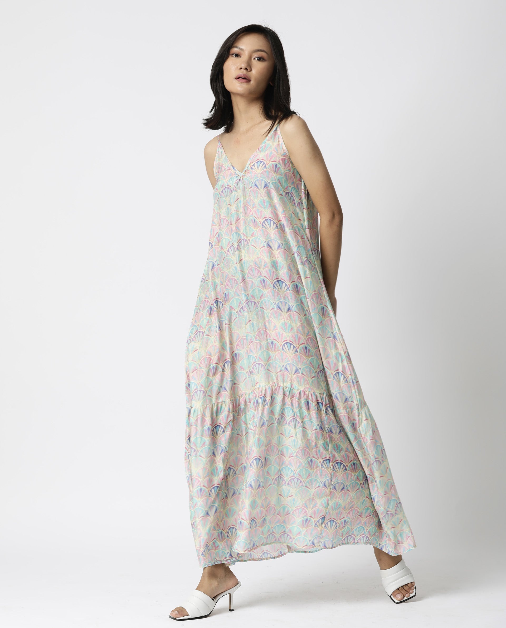 Rareism Women's Prima Pink Collarless Geometric Print Sleeveless Knee Length Regular Fit Dress