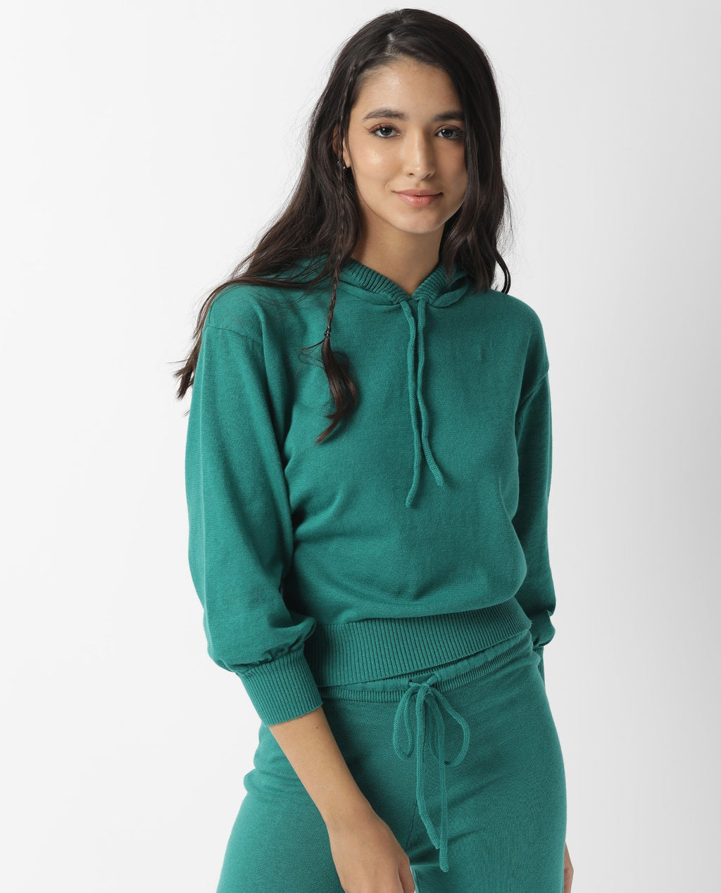 Rareism Women's Finn Sweat Green Cotton Hooded Plain Relaxed Fit Sweater