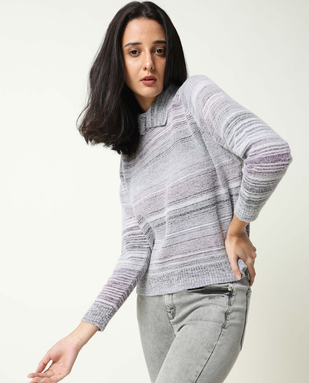 Rareism Women's Rosalva Grey Nylon High Neck Ombre Knee Length Regular Fit Sweater