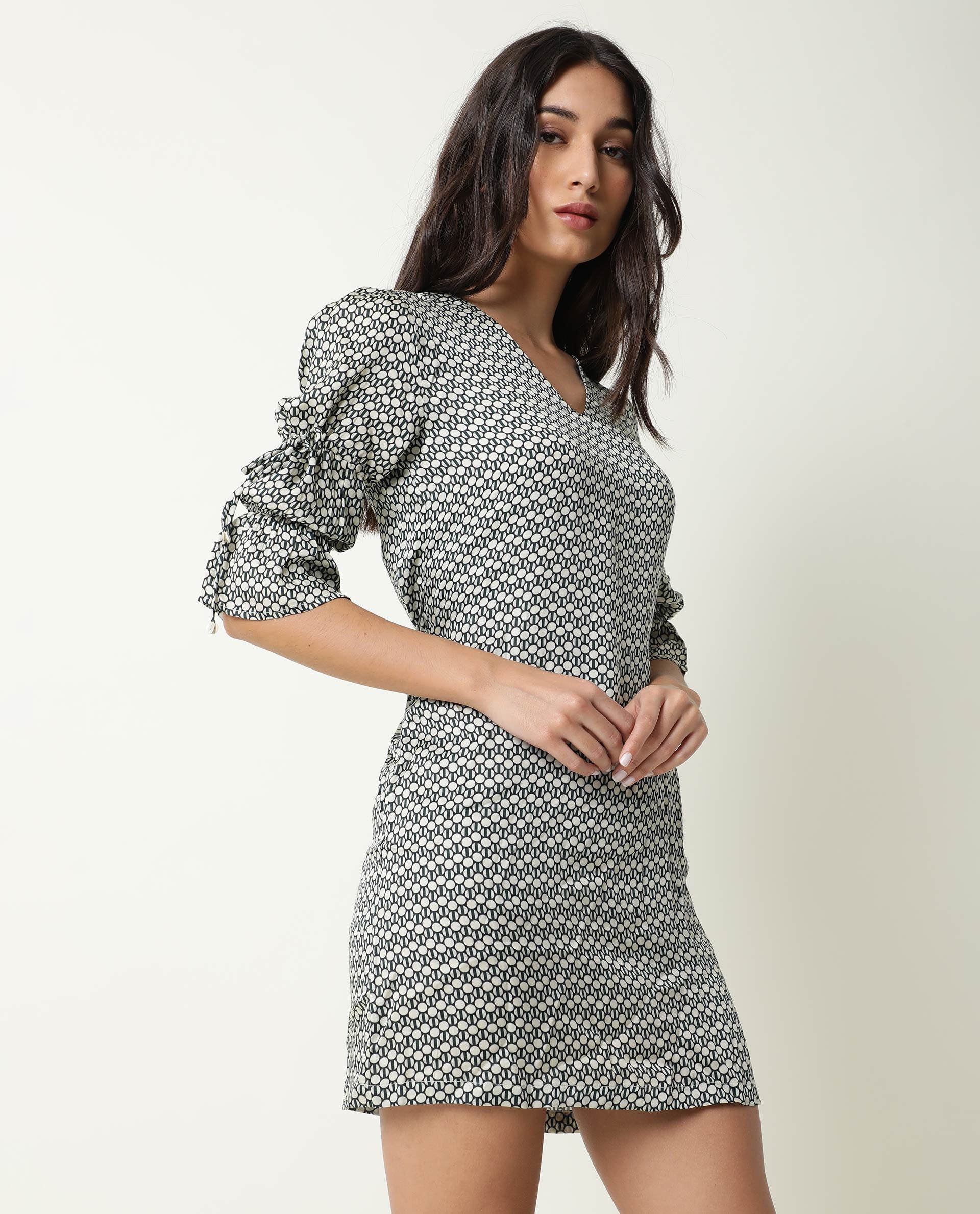 Rareism Women's Cecilia Beige V-Neck Geometric Print Knee Length Regular Fit Dress
