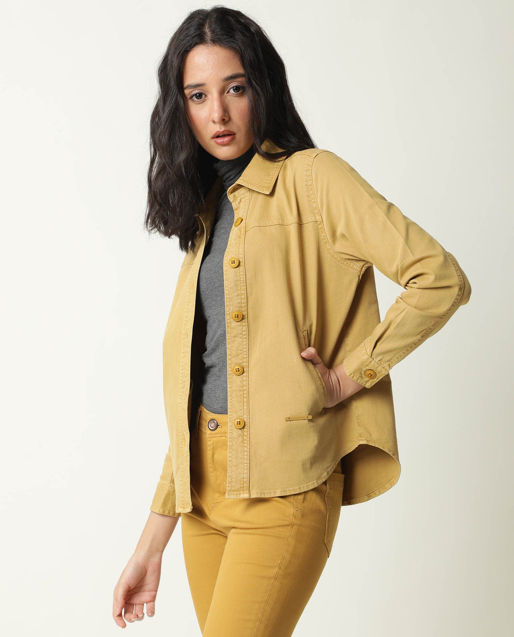 Rareism Women's Mission Mustard Cotton Blend Spread Collar Plain Regular Fit Jacket