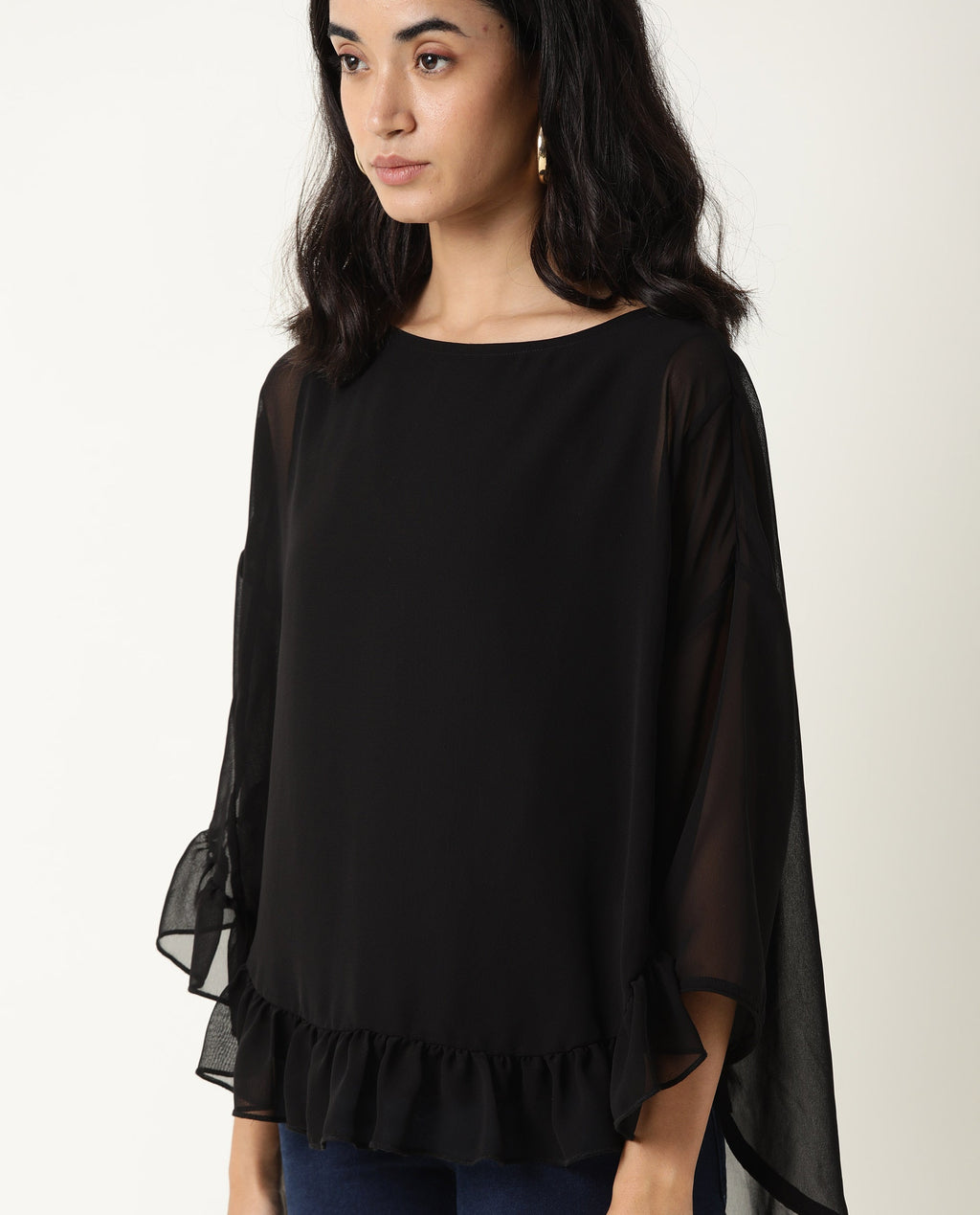 Rareism Women's Hold Black Polyester Crew Neck Plain Extended Sleeves Relaxed Fit Top