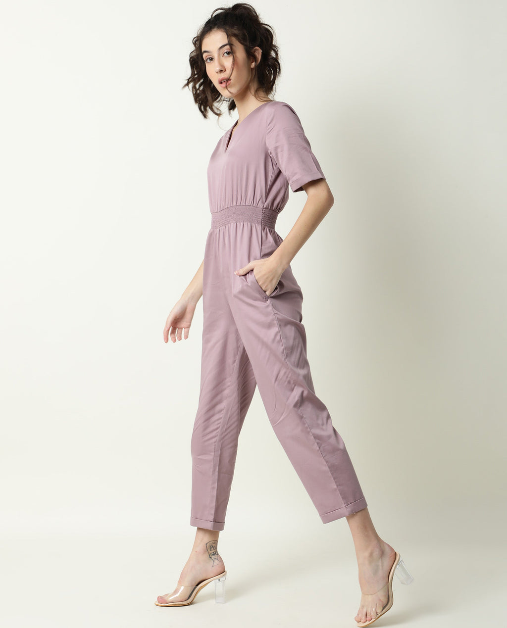 Rareism Women's Husky Pink Cotton Blend V-Neck Plain Ankle Length Regular Fit Jumpsuit