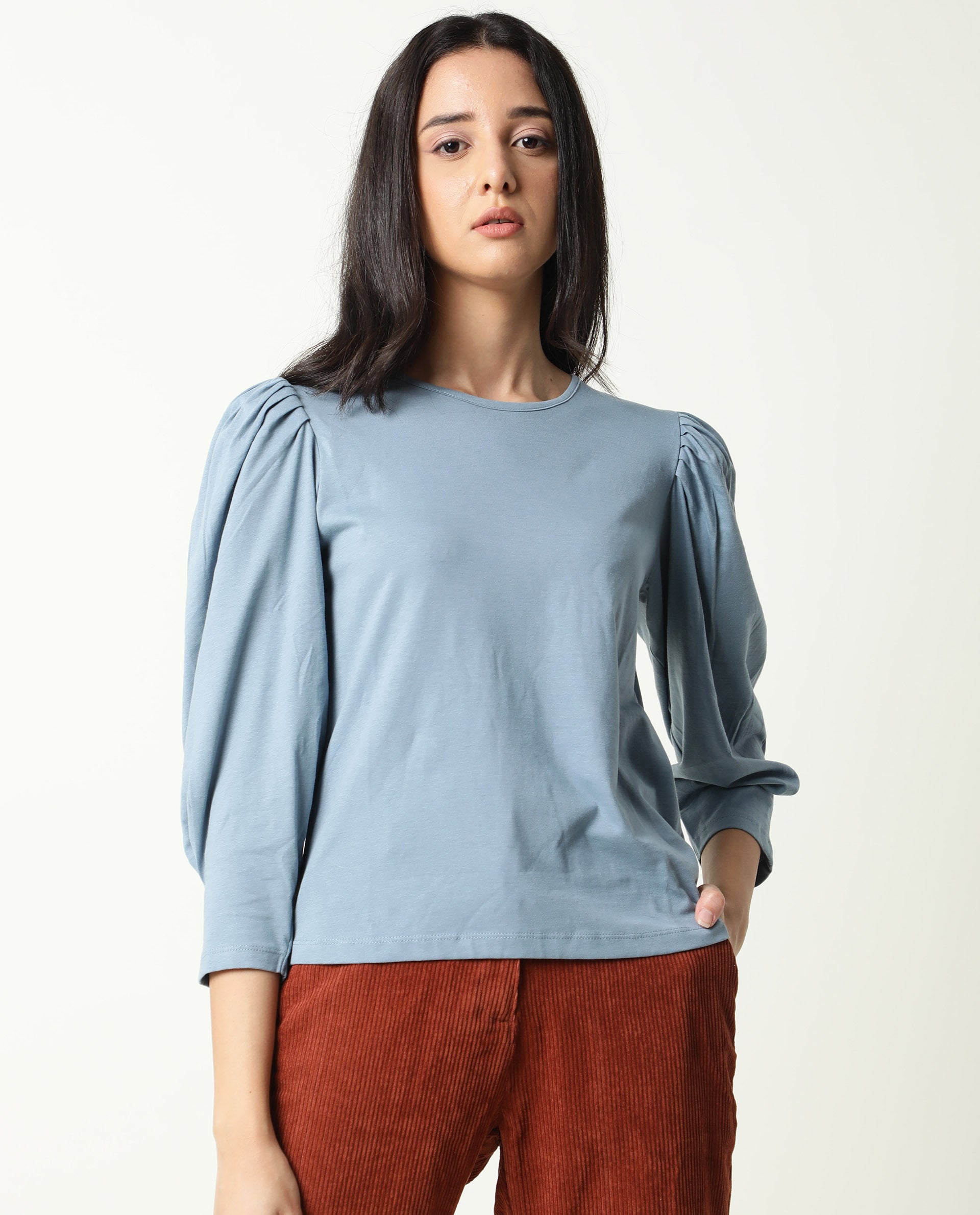 Rareism Women's Ballerina Blue Cotton Boat Neck Plain Knee Length Regular Fit Top