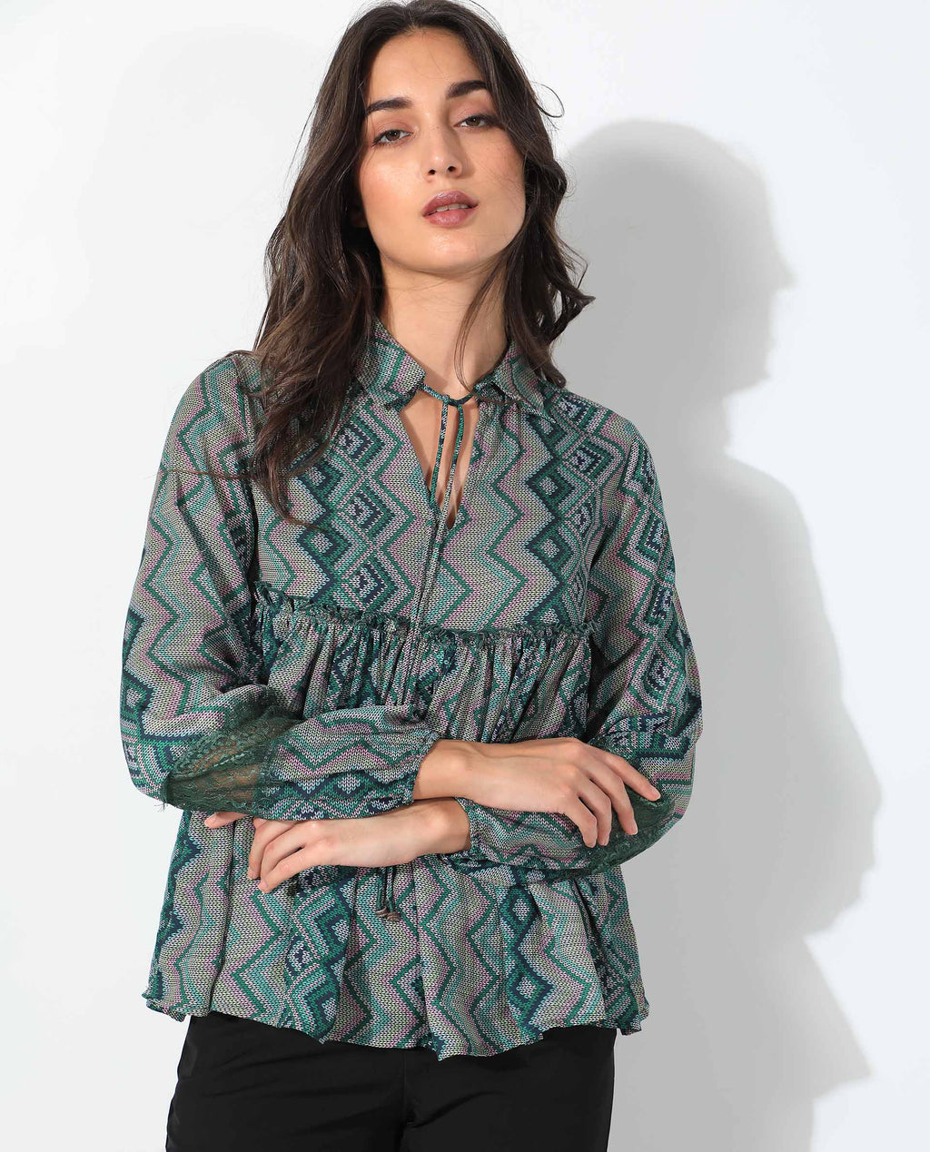 Rareism Women's Cataline Olive Polyester Tie-Up Neck Geometric Print Regular Fit Top