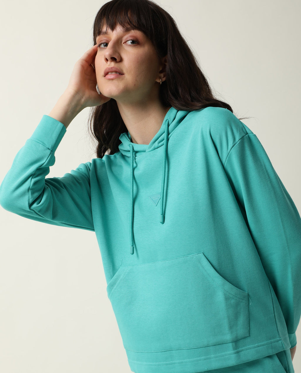 Rareism Women's Wally-1 Turq Cotton Blend Hooded Plain Relaxed Fit Sweatshirt