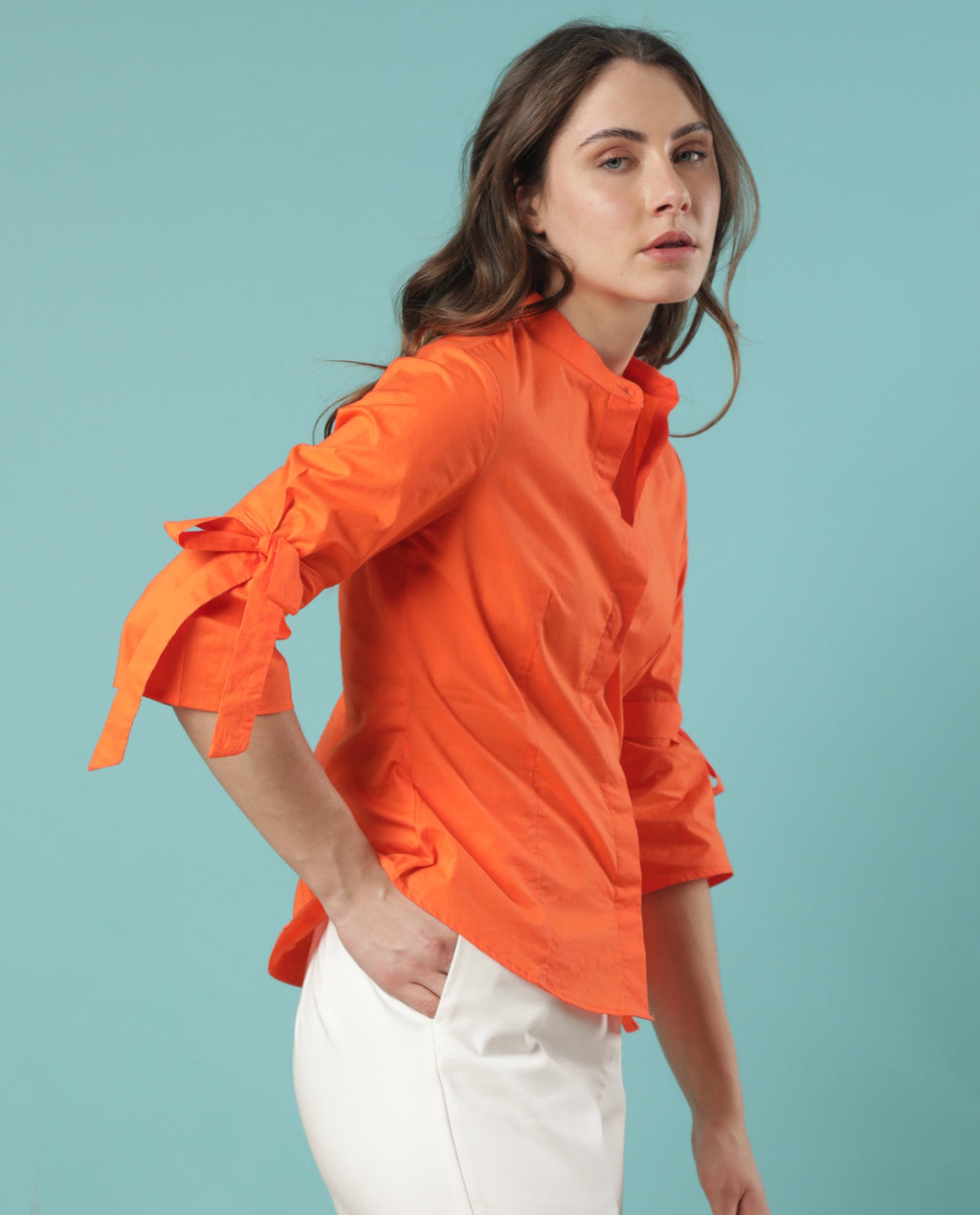 Rareism Women's Tips Orange Cotton Mandarin Collar Plain Regular Fit Top