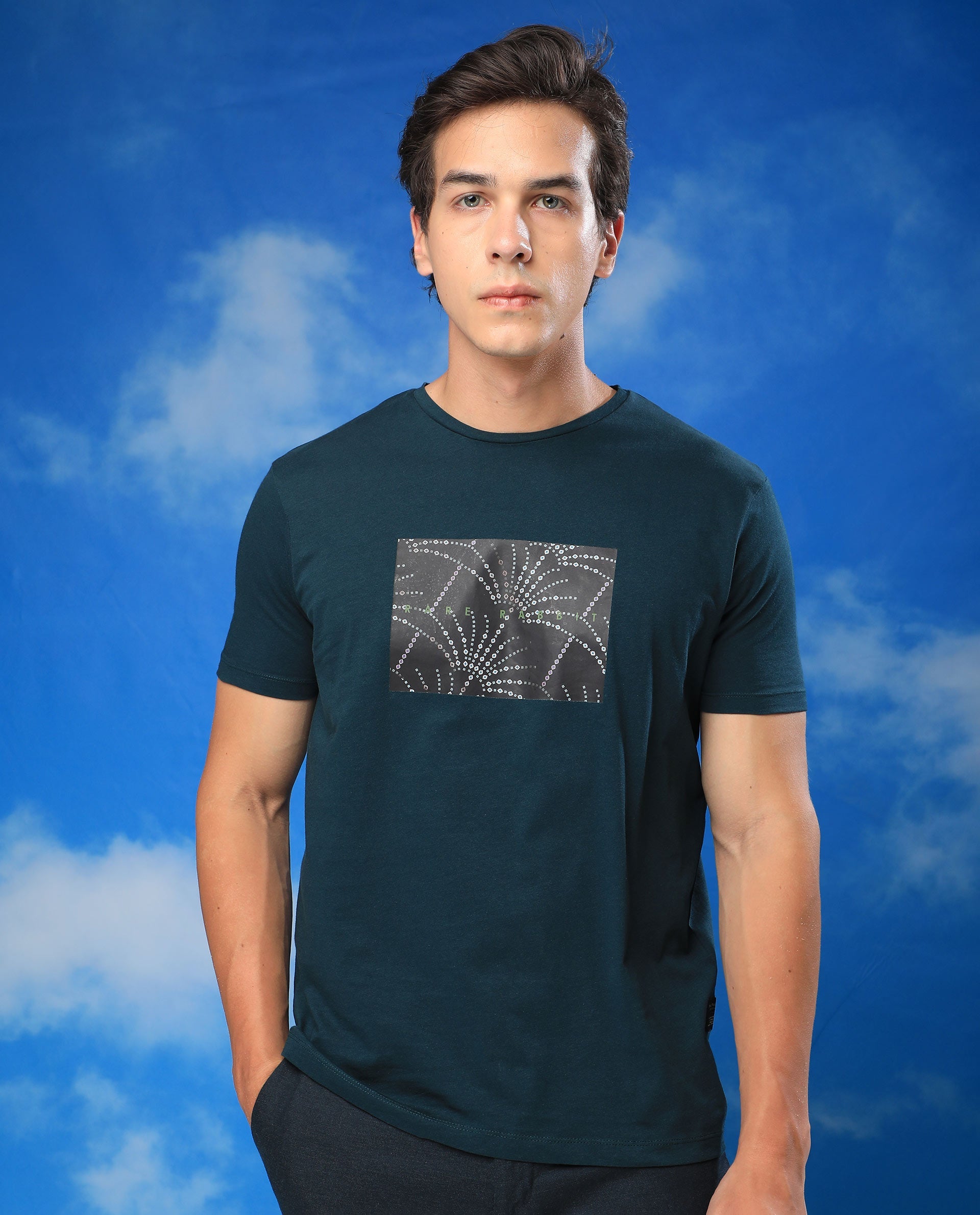 Rare Rabbit Men's Glam Green Cotton Graphic Print Slim Fit Half Sleeve Crew Neck T-Shirt