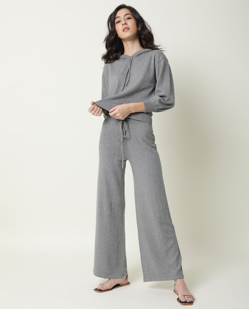 Rareism Women's Finn Track Grey Cotton Plain Ankle Length Flared Track Pant