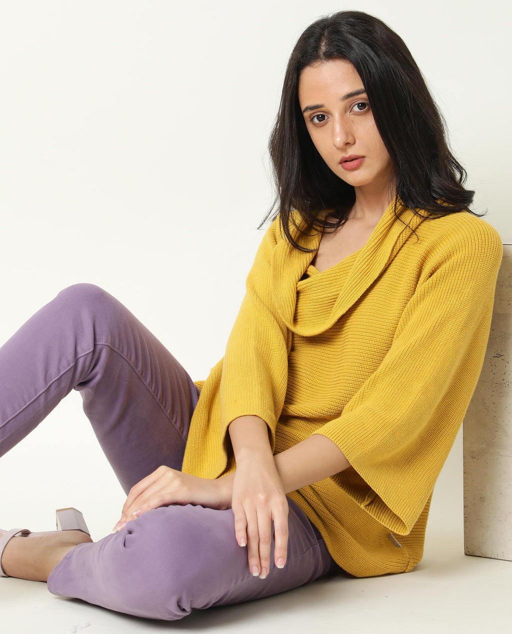 Rareism Women's Cleo Mustard Cowl Neck Plain Relaxed Fit Sweater