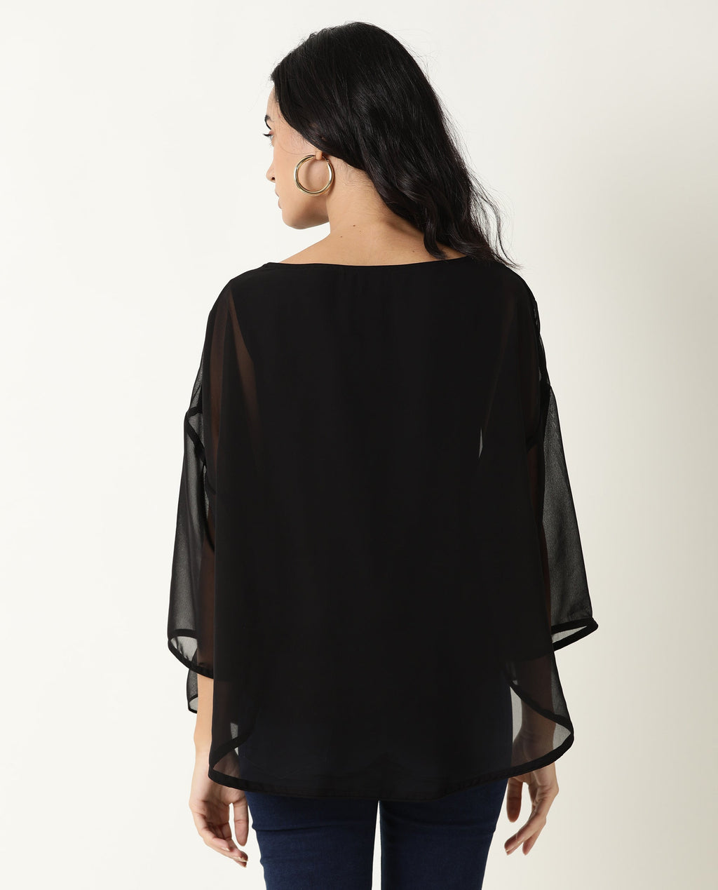 Rareism Women's Hold Black Polyester Crew Neck Plain Extended Sleeves Relaxed Fit Top