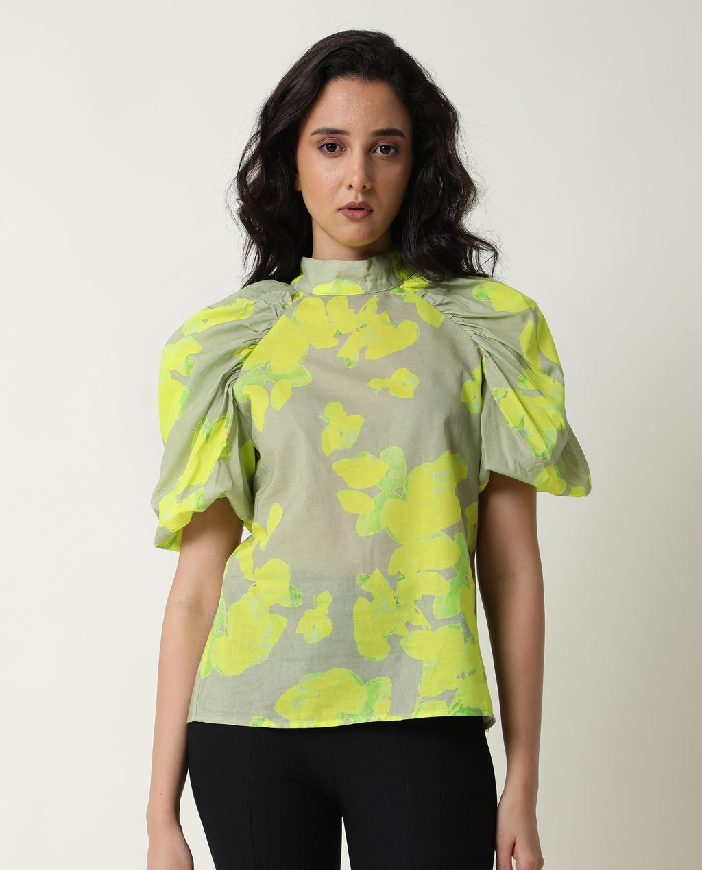 Rareism Women's Lagger Green Cotton High Neck Abstract Print Regular Fit Top