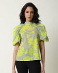 Rareism Women's Lagger Green Cotton High Neck Abstract Print Regular Fit Top