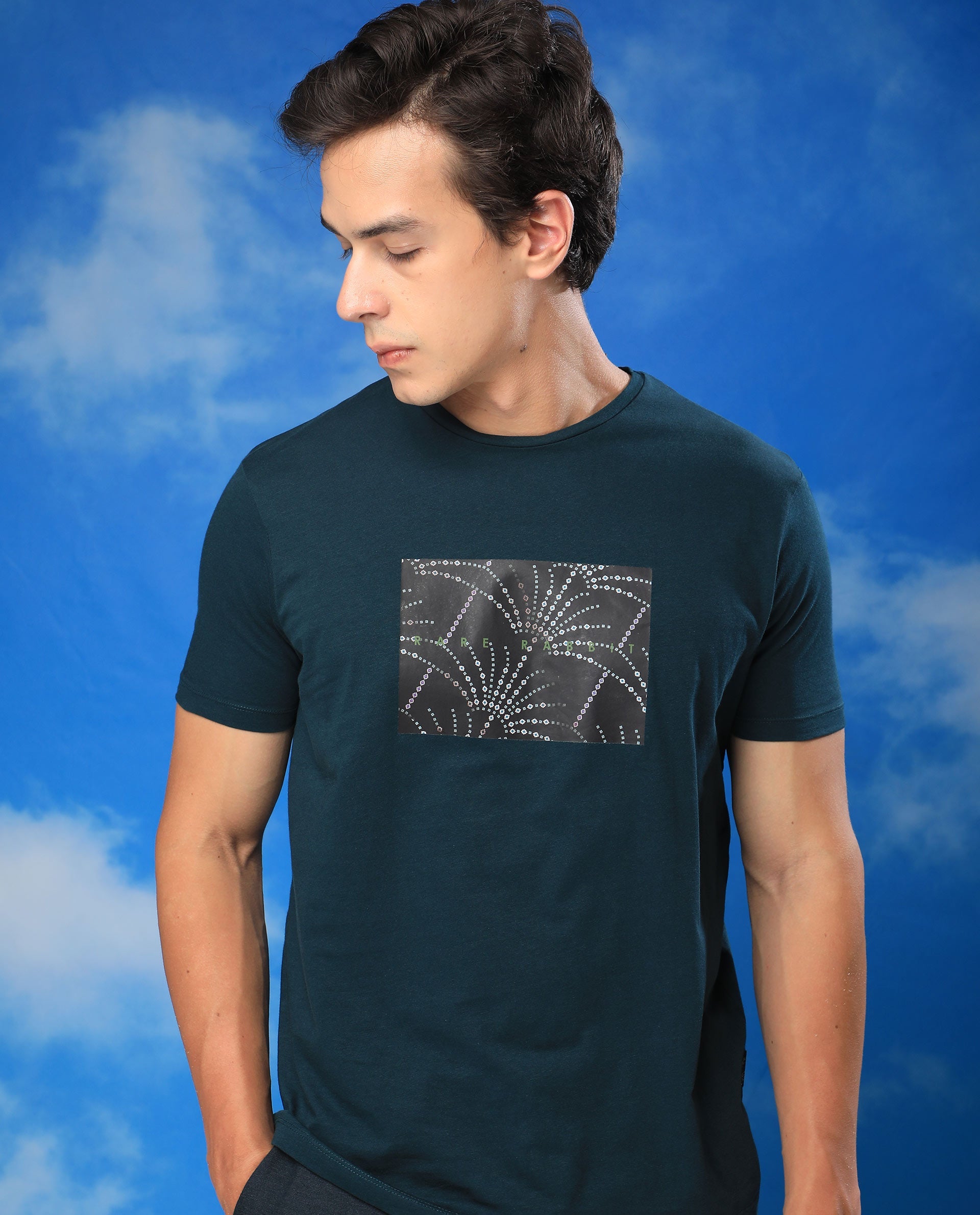 Rare Rabbit Men's Glam Green Cotton Graphic Print Slim Fit Half Sleeve Crew Neck T-Shirt