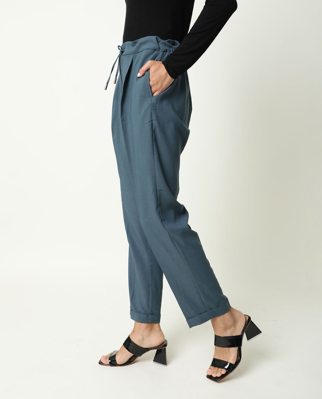 Rareism Women's Jeremiah Petrol Polyester Blend Plain Ankle Length Tailored Trouser