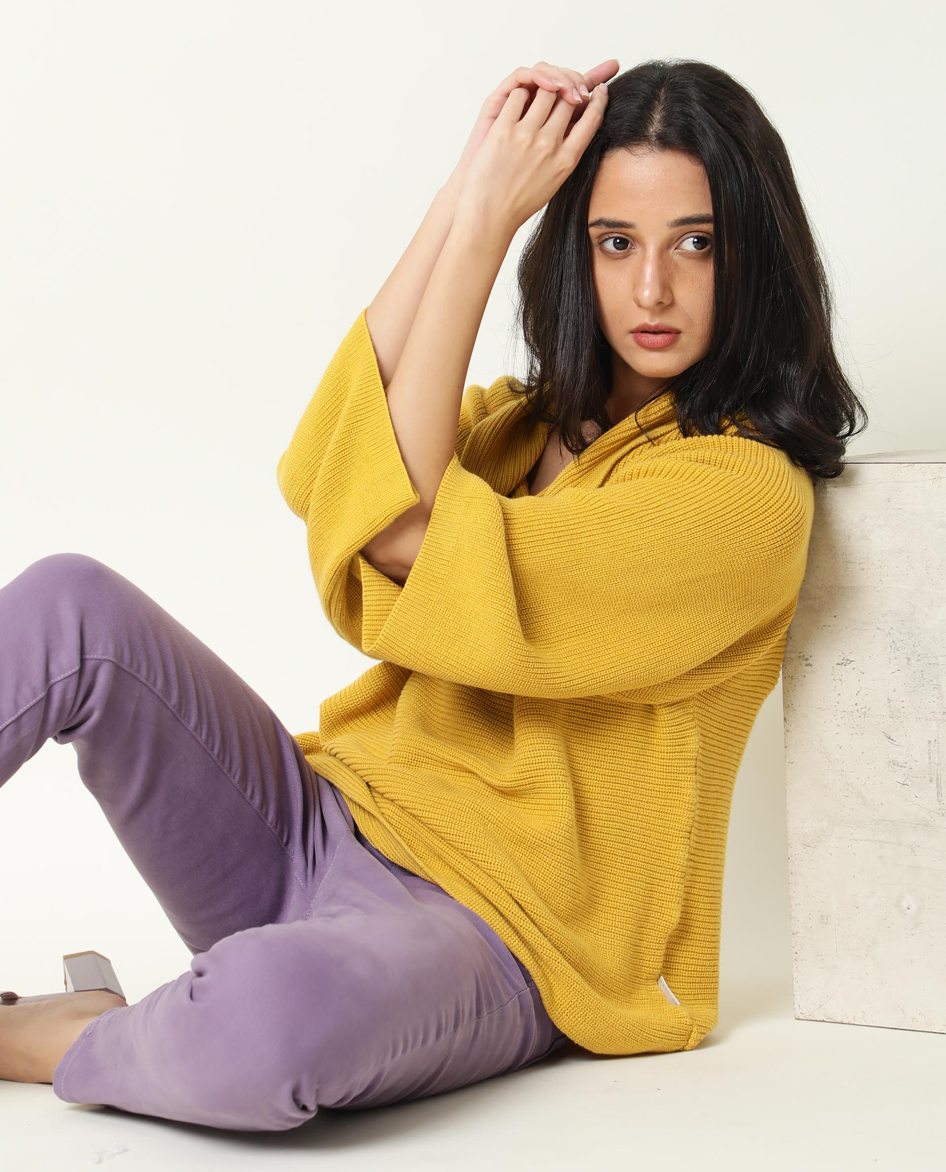 Rareism Women's Cleo Mustard Cowl Neck Plain Relaxed Fit Sweater