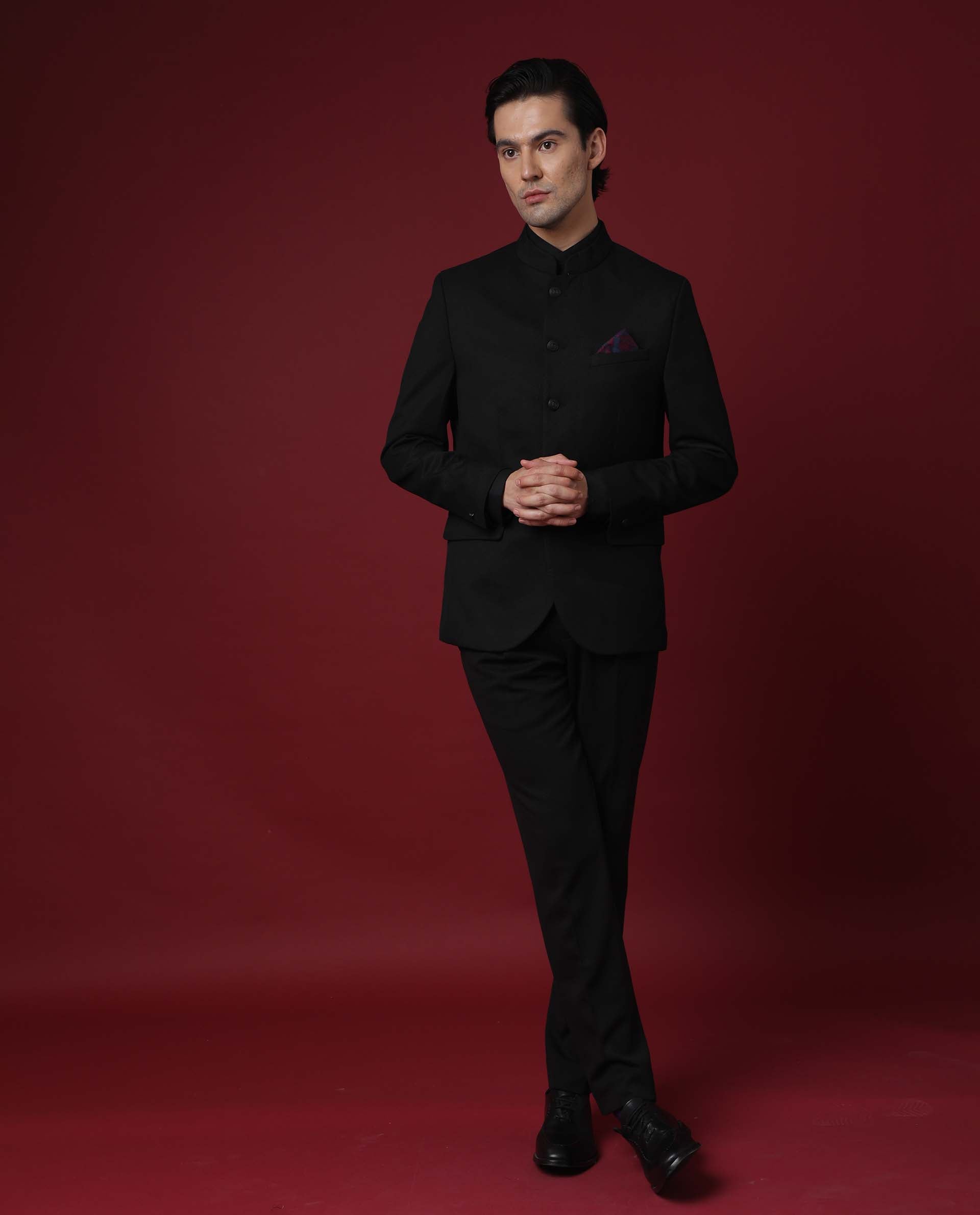Rare Rabbit Men's Edit Band Black Polyester Plain Tailored Fit Full Sleeve Mandarin Collar Bandhgala Jodhpuri