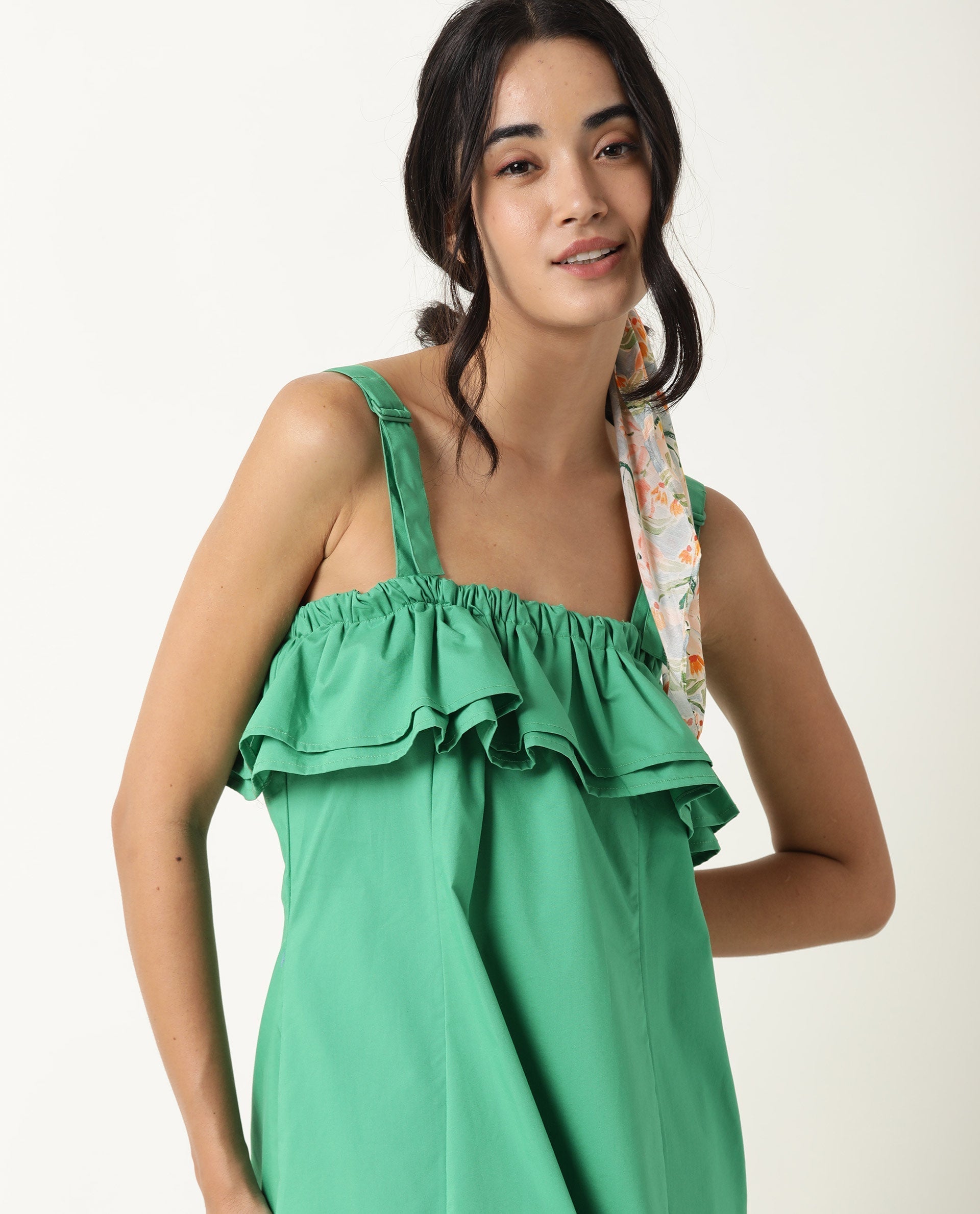 Rareism Women's Shallow Green Cotton Blend Tube Neck Plain Sleeveless Knee Length Regular Fit Dress