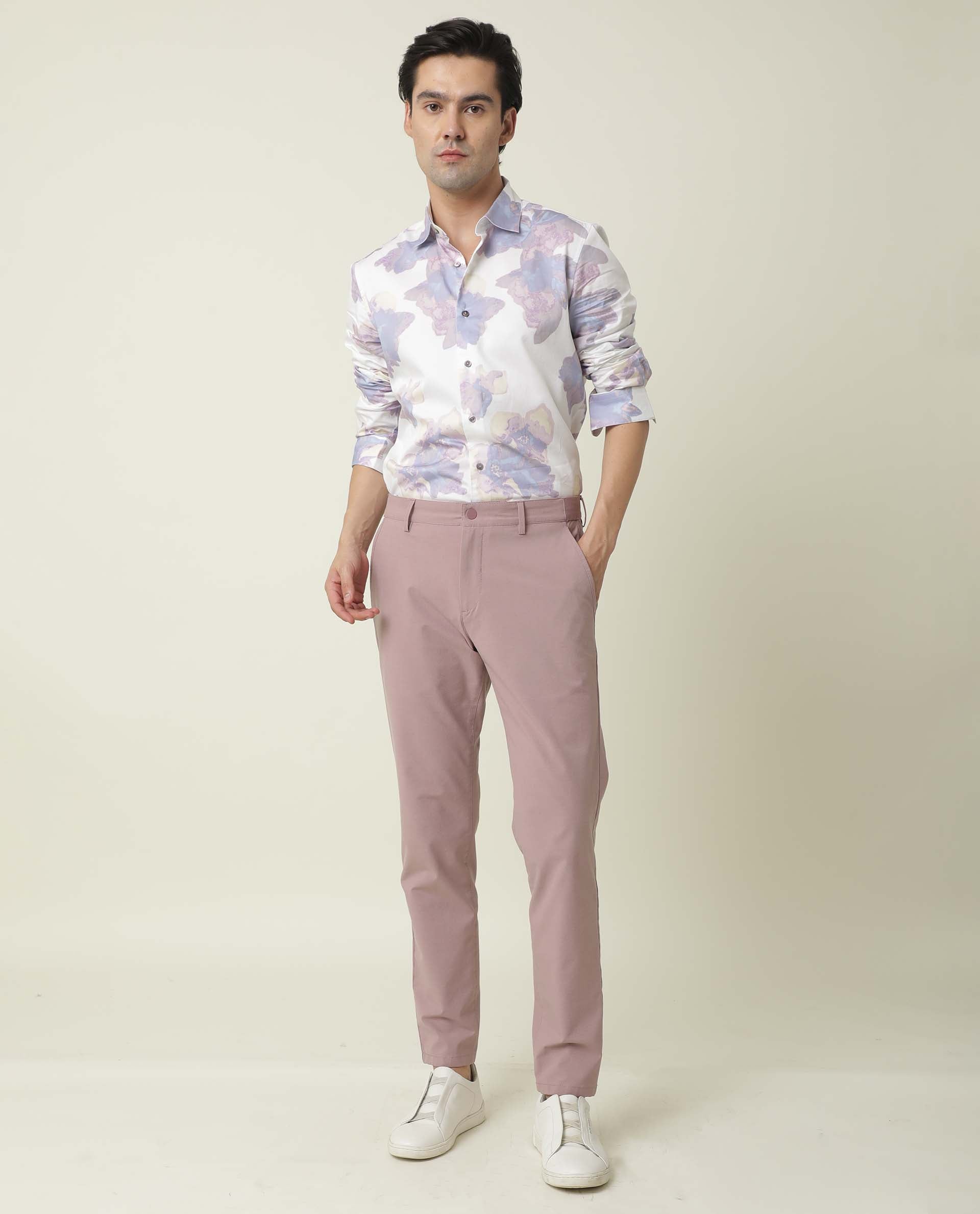 Rare Rabbit Men's Driver Pink Polyester Blend Plain Regular Fit Trouser