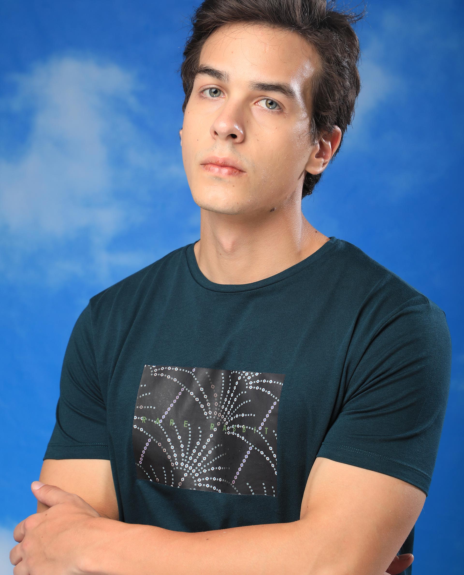 Rare Rabbit Men's Glam Green Cotton Graphic Print Slim Fit Half Sleeve Crew Neck T-Shirt