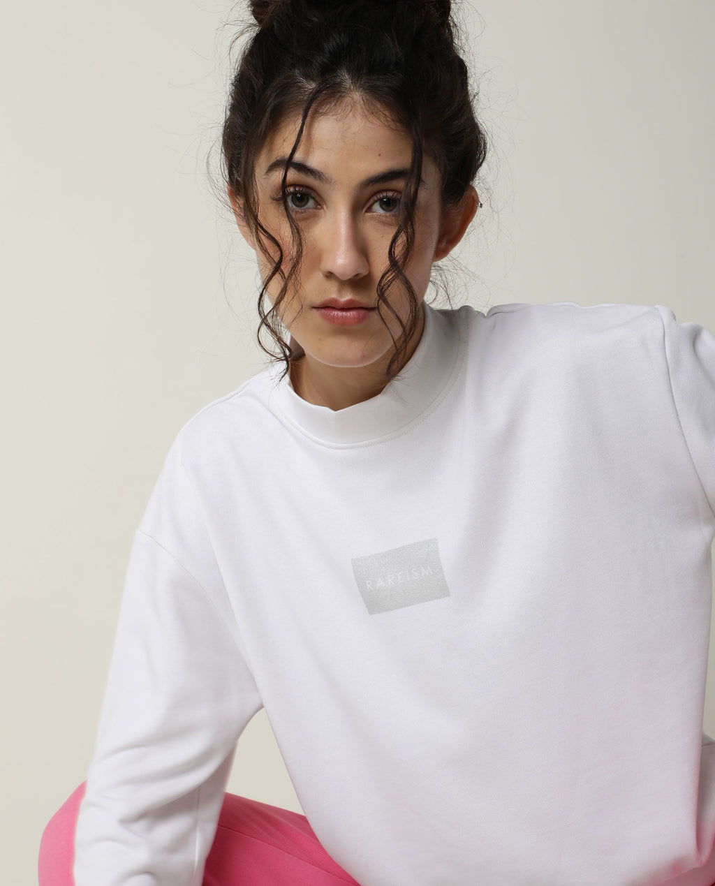 Rareism Women's Hectare White Cotton Blend High Neck Plain Relaxed Fit Sweatshirt