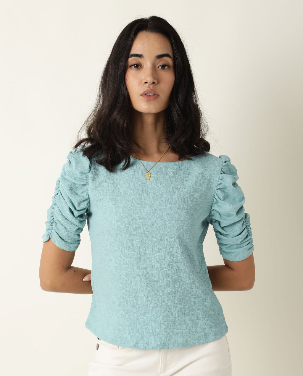 Rareism Women's Frozen Green Cotton Boat Neck Plain Ruffled Sleeve Regular Fit Top