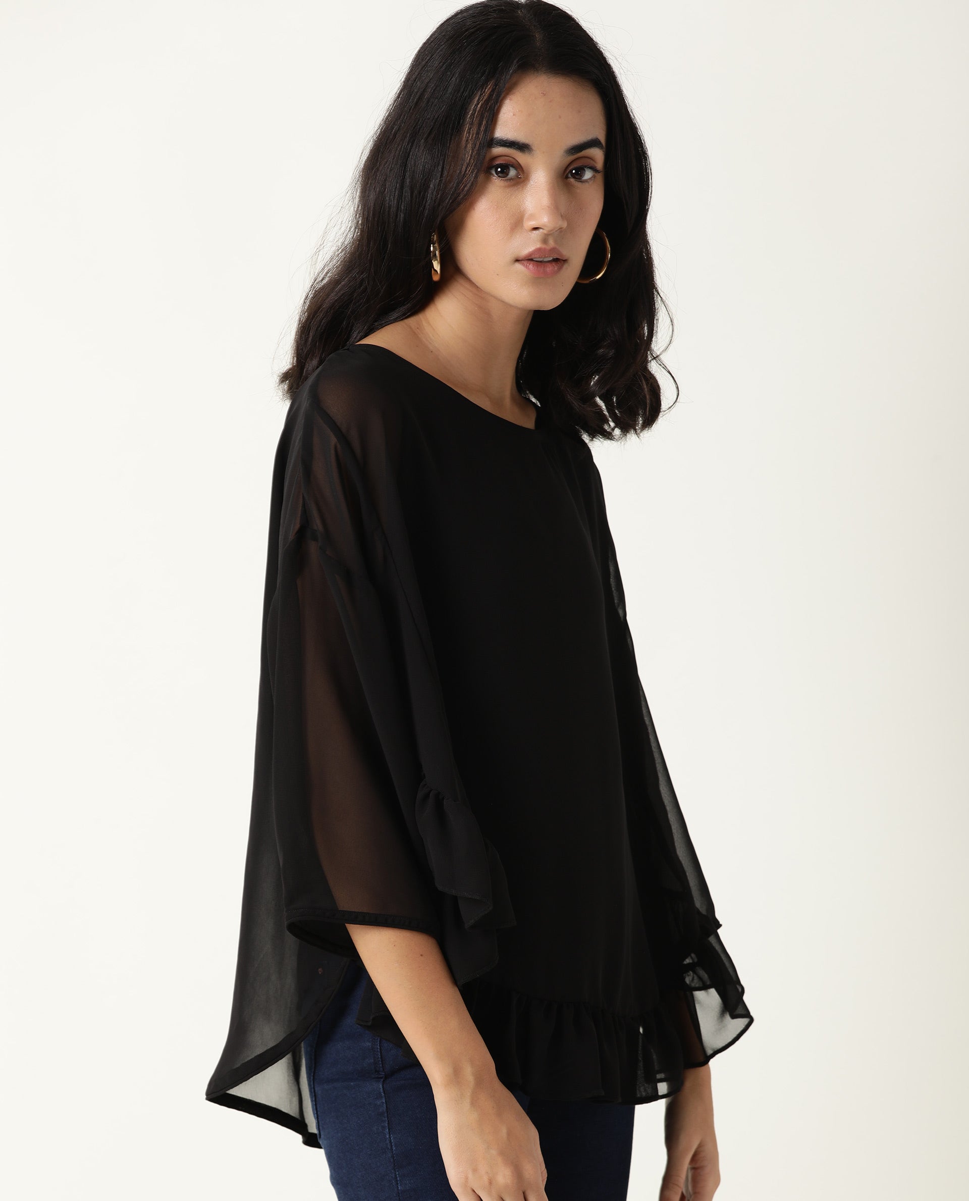 Rareism Women's Hold Black Polyester Crew Neck Plain Extended Sleeves Relaxed Fit Top