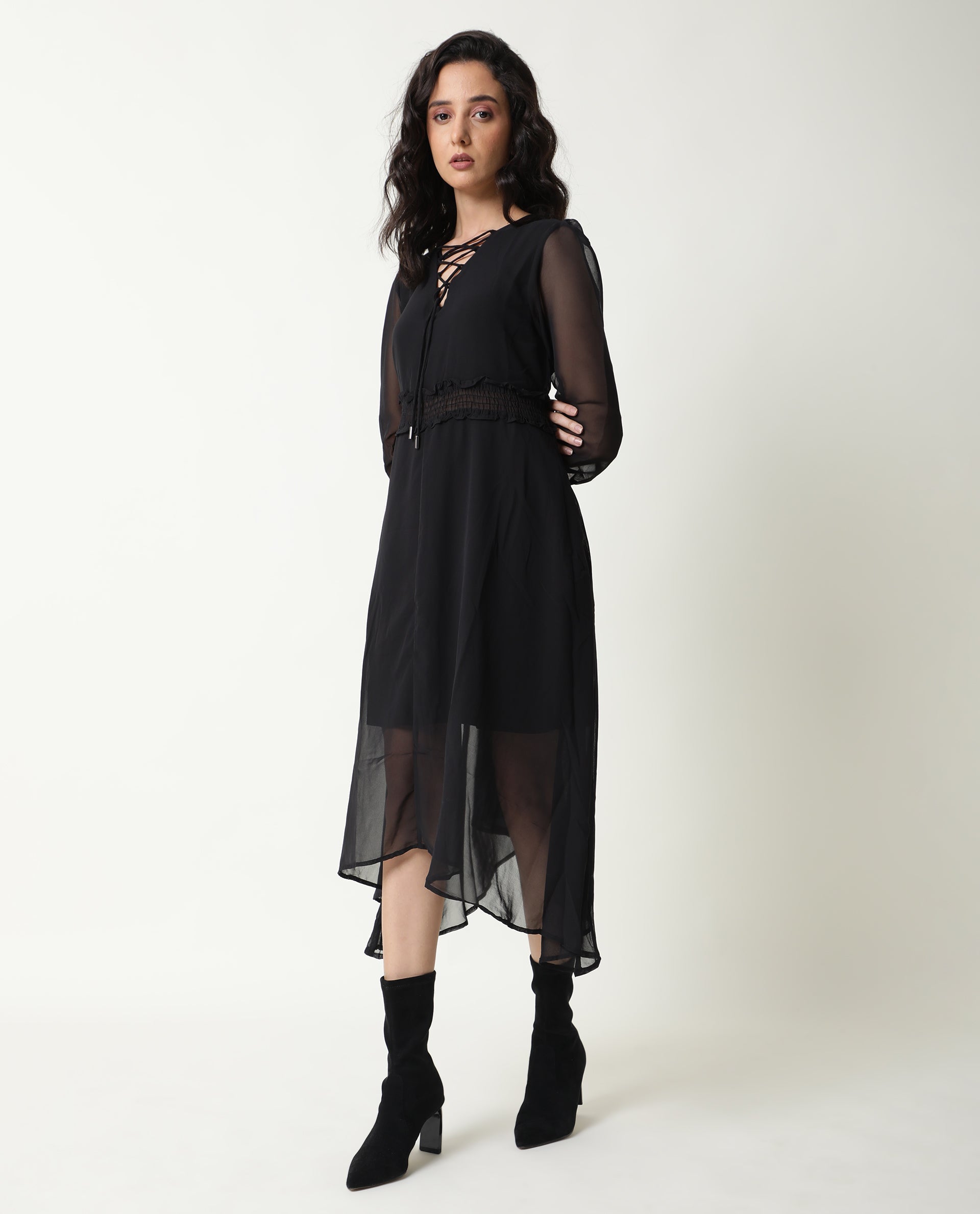 Rareism Women's Ommet Black V-Neck Plain Knee Length Regular Fit Dress