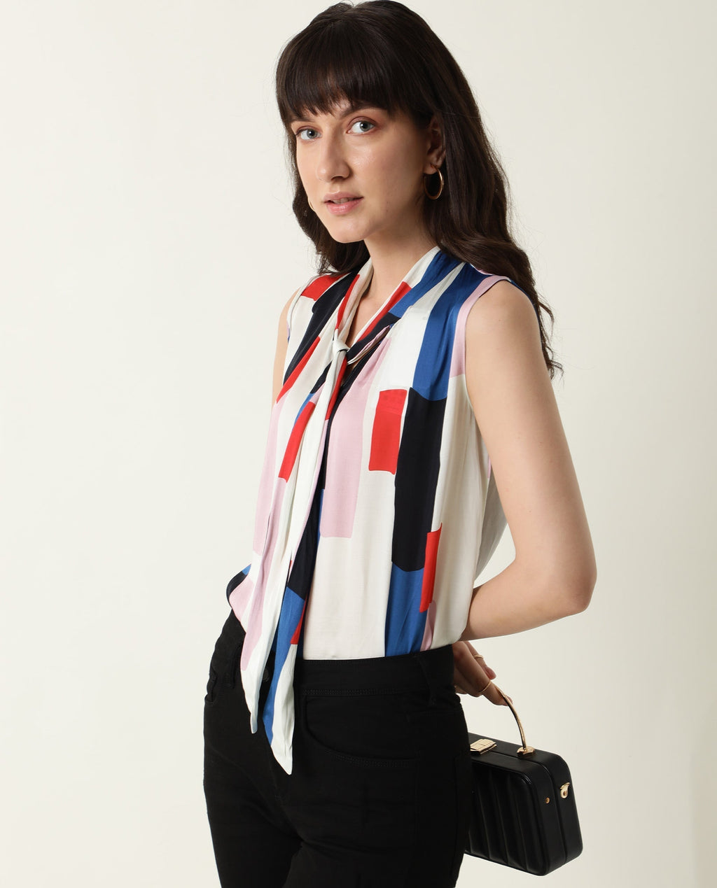 Rareism Women's Jazzes White Cowl Neck Printed Sleeveless Knee Length Tailored Top