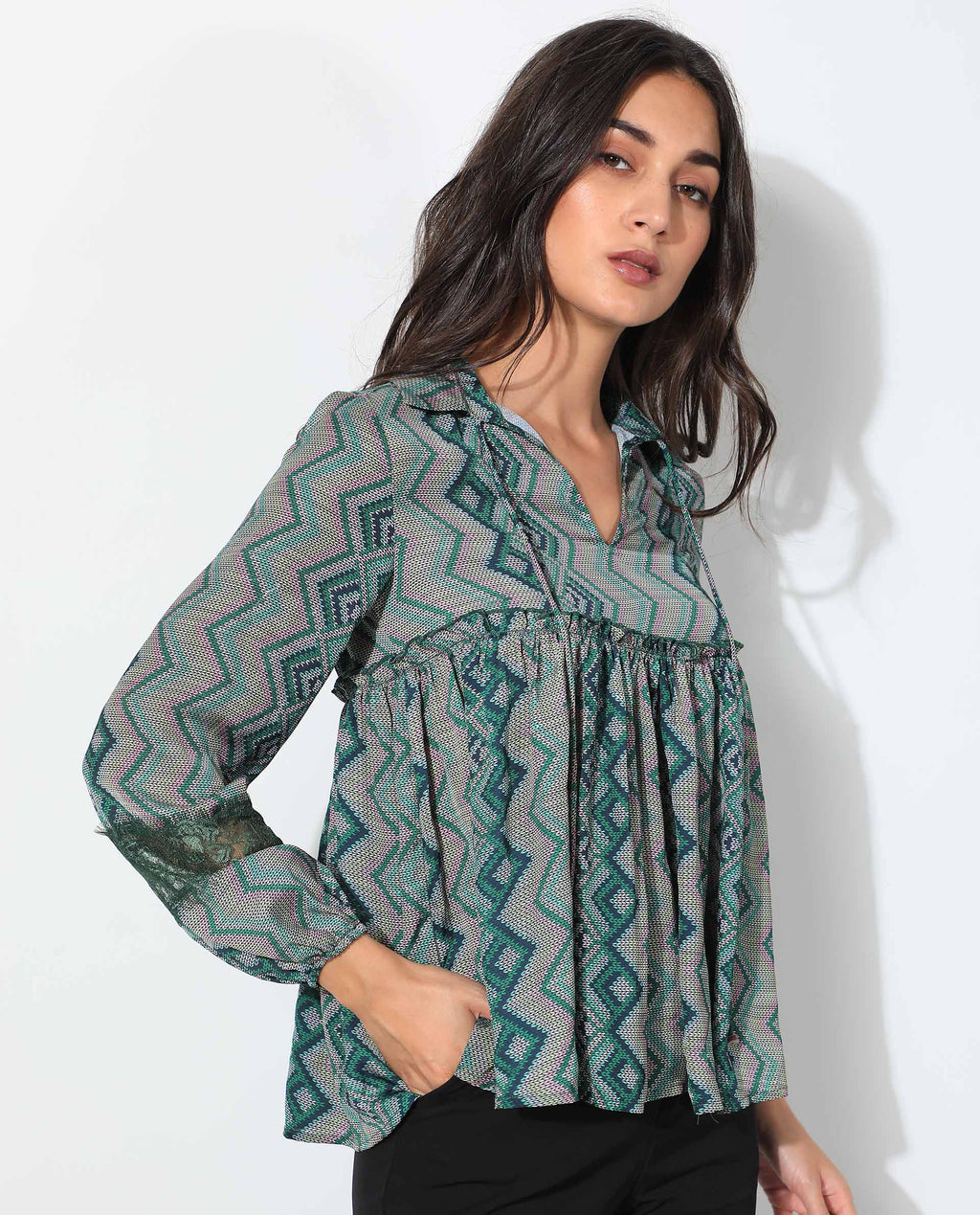 Rareism Women's Cataline Olive Polyester Tie-Up Neck Geometric Print Regular Fit Top