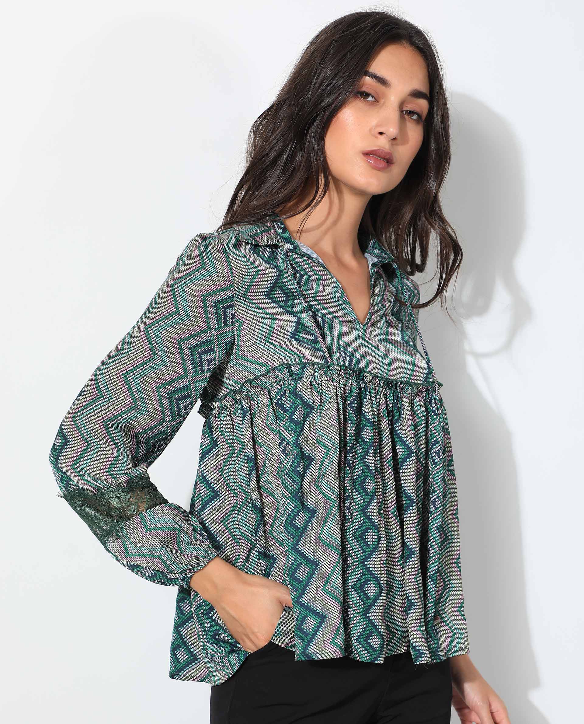 Rareism Women's Cataline Olive Polyester Tie-Up Neck Geometric Print Regular Fit Top