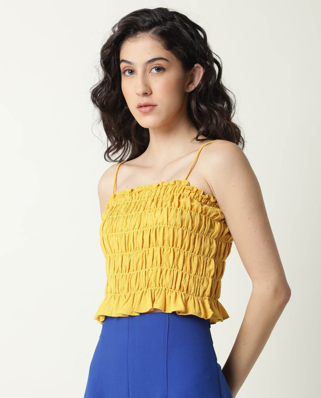 Rareism Women's Declan Yellow Tube Neck Plain Sleeveless Knee Length Tailored Top