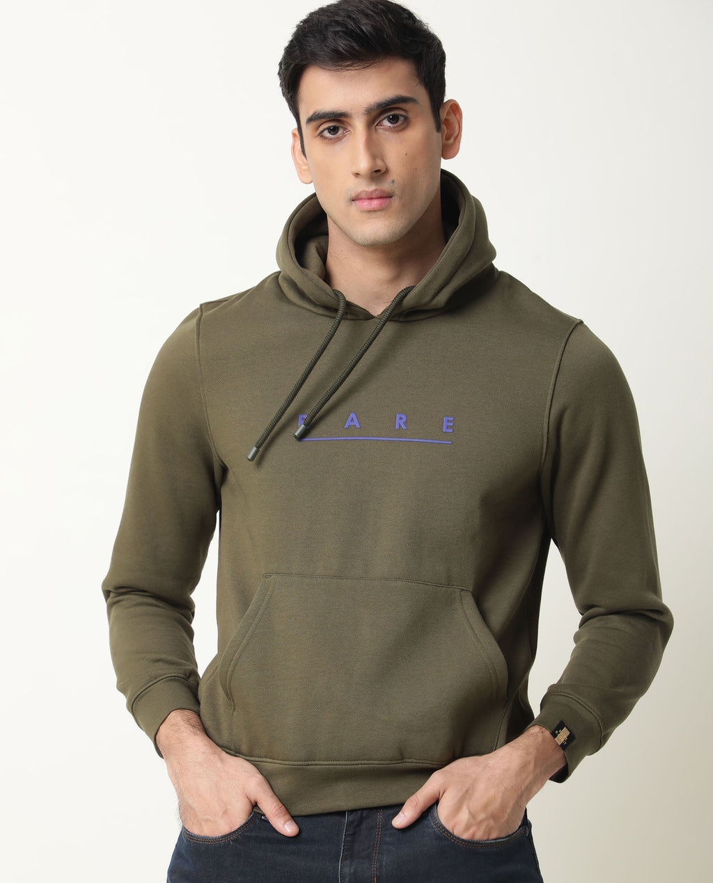 Rare Rabbit Men's Omi Olive Cotton Graphic Print Relaxed Fit Full Sleeve Hooded Sweatshirt