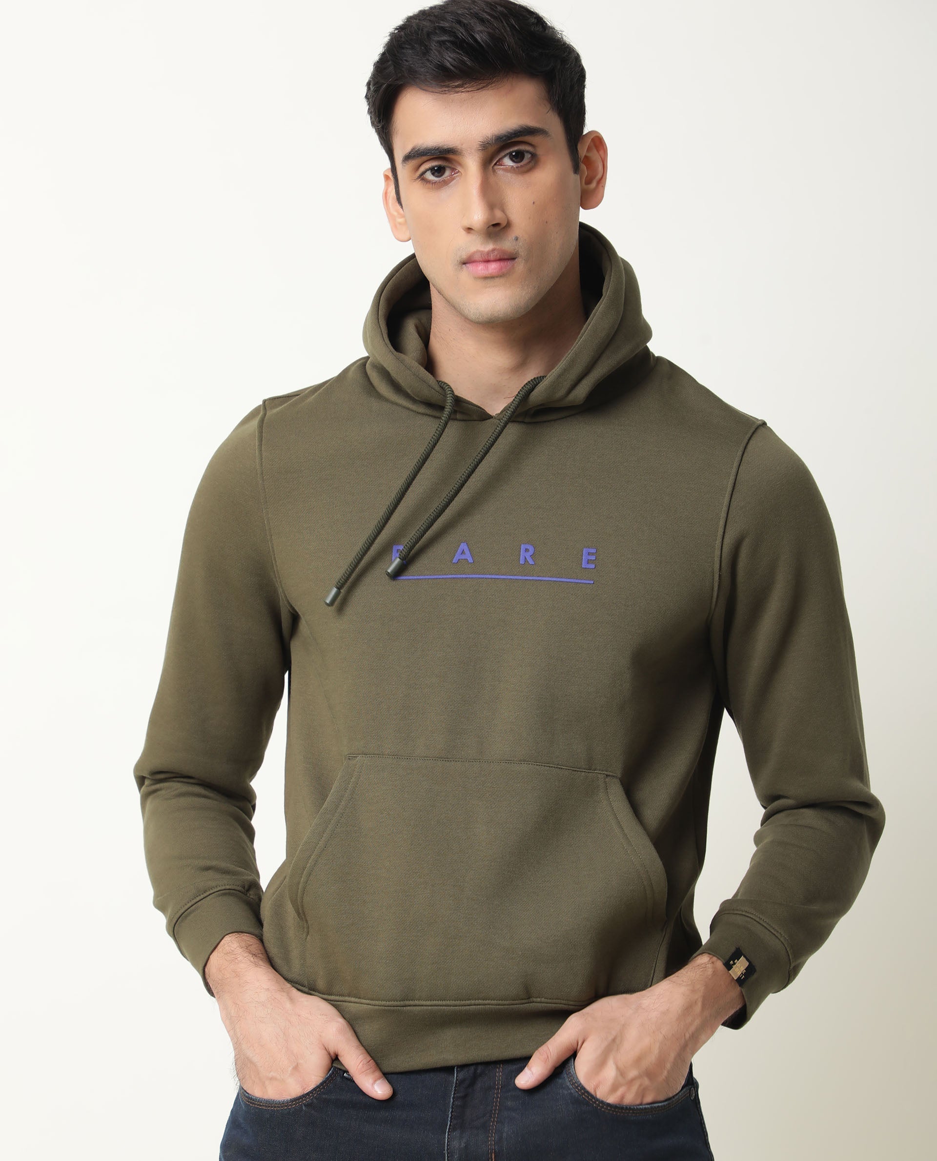 Rare Rabbit Men's Omi Olive Cotton Graphic Print Relaxed Fit Full Sleeve Hooded Sweatshirt