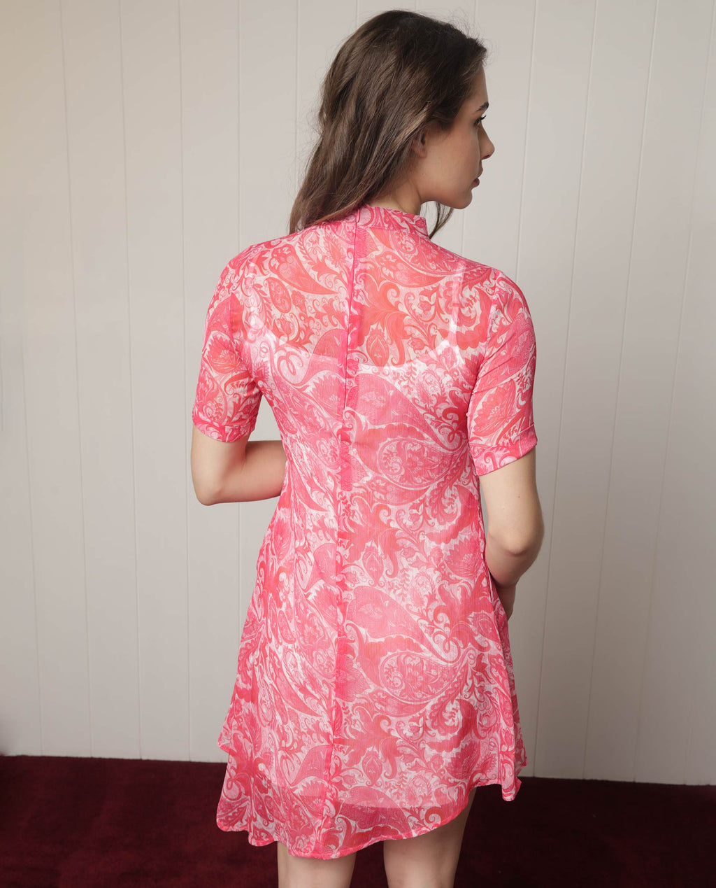 Rareism Women's Beryl Pink Polyester High Neck Paisley Print Knee Length Regular Fit Dress